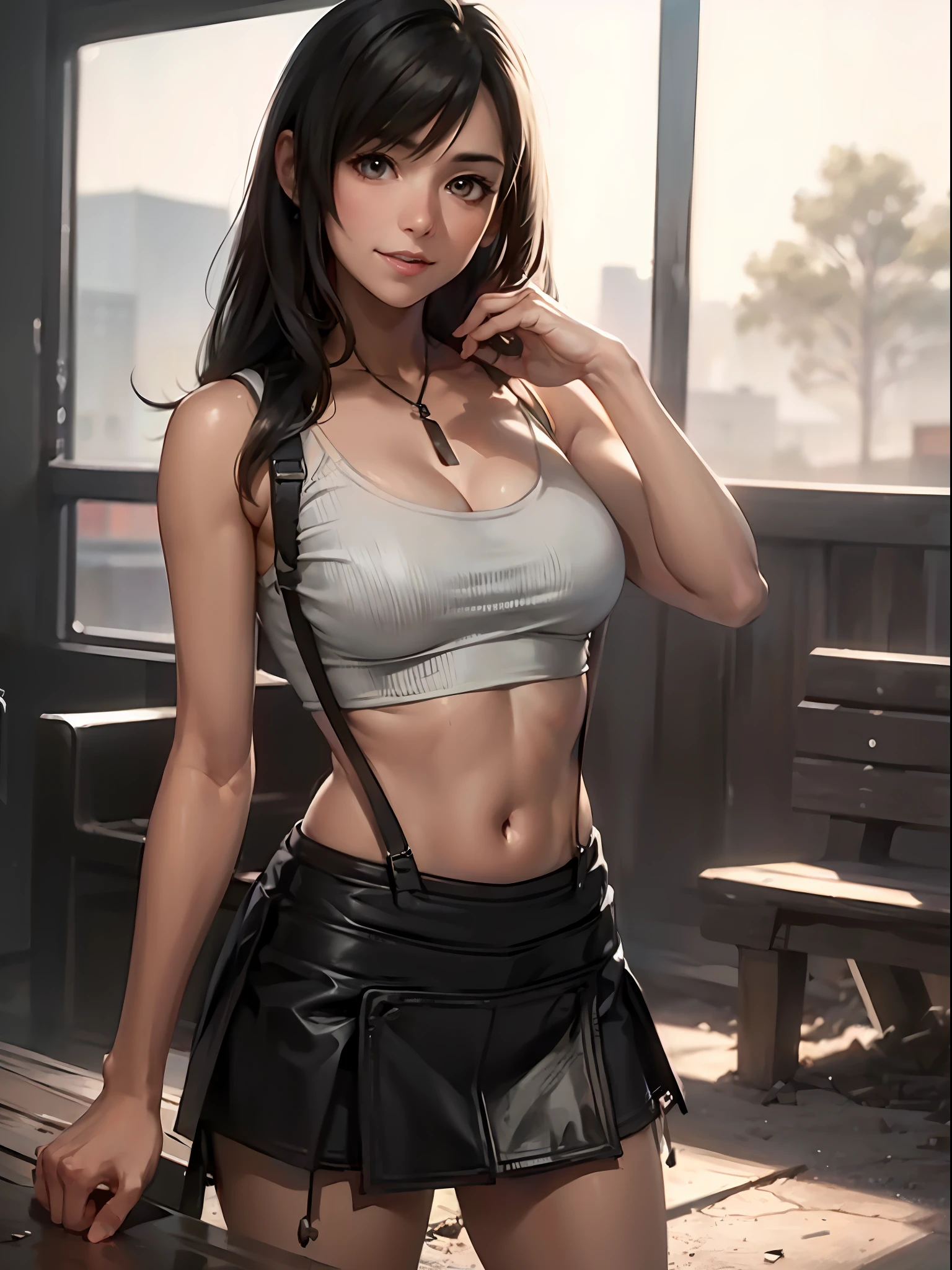 (cinematic, 8k, best quality, masterpiece: 1.2), (realistic, photo-realistic: 1.37), ultra-detailed, soft light, best quality, ultra highres, raw photo in hdr, sharp focus, intricate texture, skin imperfections, 1 girl, beautiful face with light smile, solo, raw photo, a hot Tifa wearing a small outfit showing belly, (blouse in bench color with TRANSPARENCY) and black skirt with suspenders,  Beautiful face with 19yo smile, camel fingers, athletic slim body, warm body, bright skin, realistic textures, reflected lighting, volumetric lighting. In the background a place abandoned and destroyed with smoke.