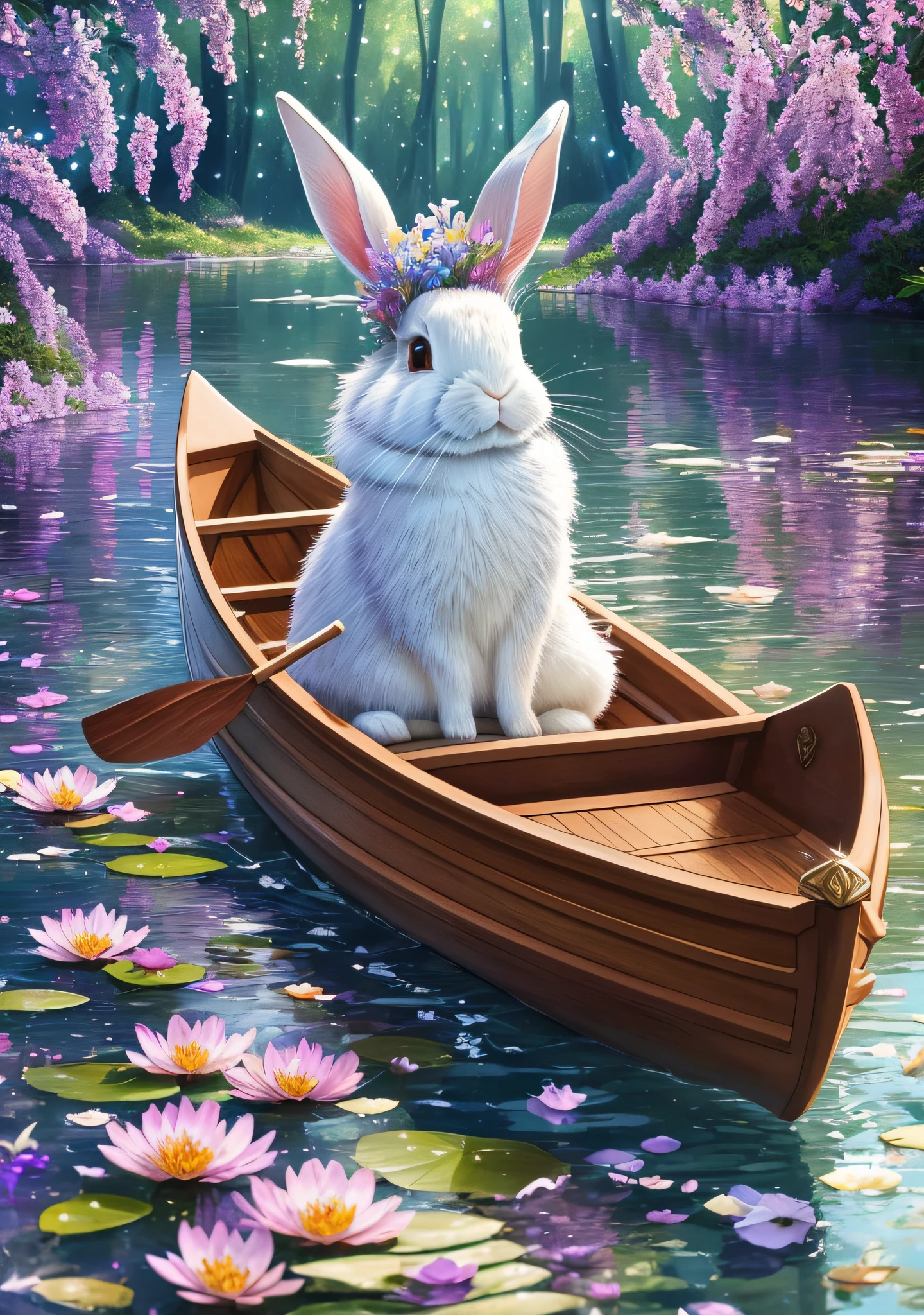 Rabbit sailing on a small river with a canoe, Crystal, Galaxy, Transparent, windblown flowers, Glitter, Sparkle, brilliant, Colorful, Dramatic Lighting, Light background, realistic photo, super detailed, 4k, High resolution, super fine sharp, High quality, artistic, surrounded by aquatic plants made of mother - of - pearl with exquisite details --auto --s2