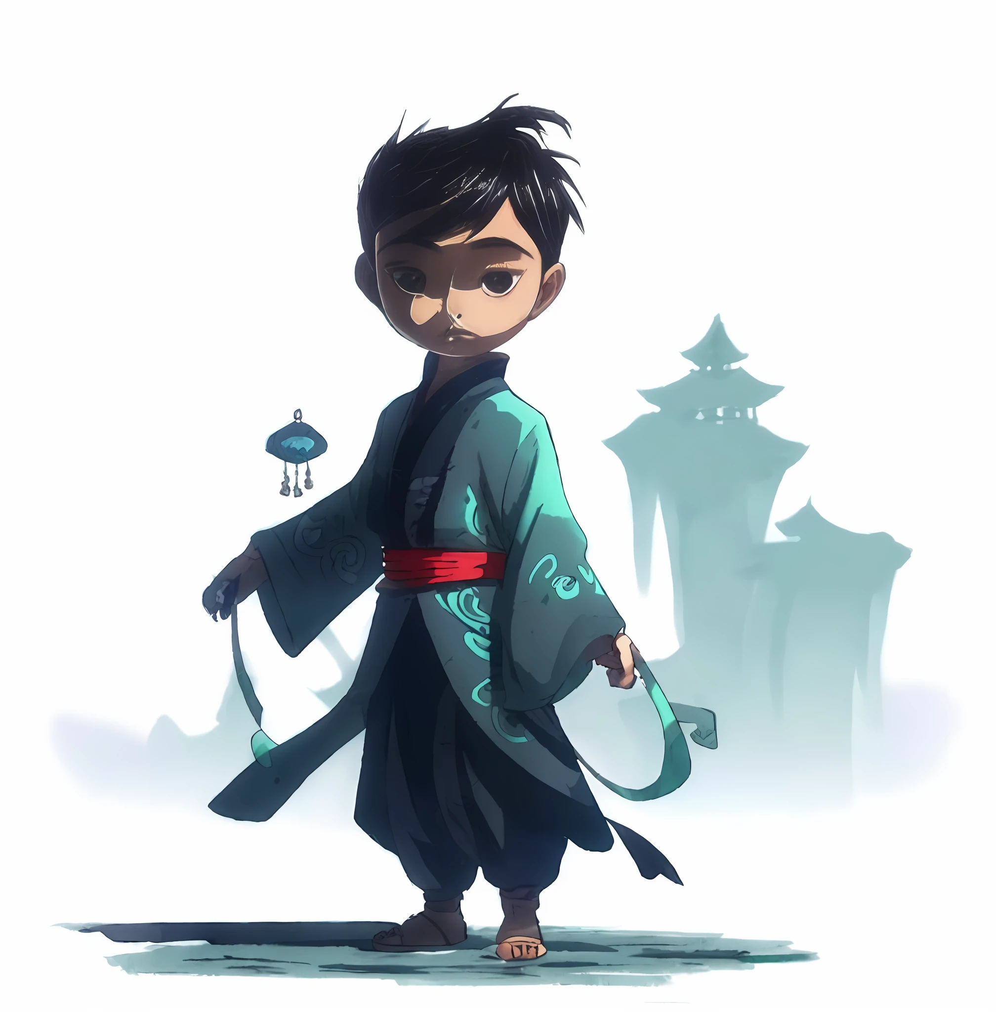 Put a cartoon character in kimono with a sword, single boy concept art, inspired by Chu Derun, by Qu Leilei, beautiful figure painting, Feng Zhu concept art, cute digital painting, Rostelland style, Robrey and Miura Kentaro style, very stylized character design, character design art character sheet, concept art, full body, (masterpiece: 1.2), (best quality: 1.3)