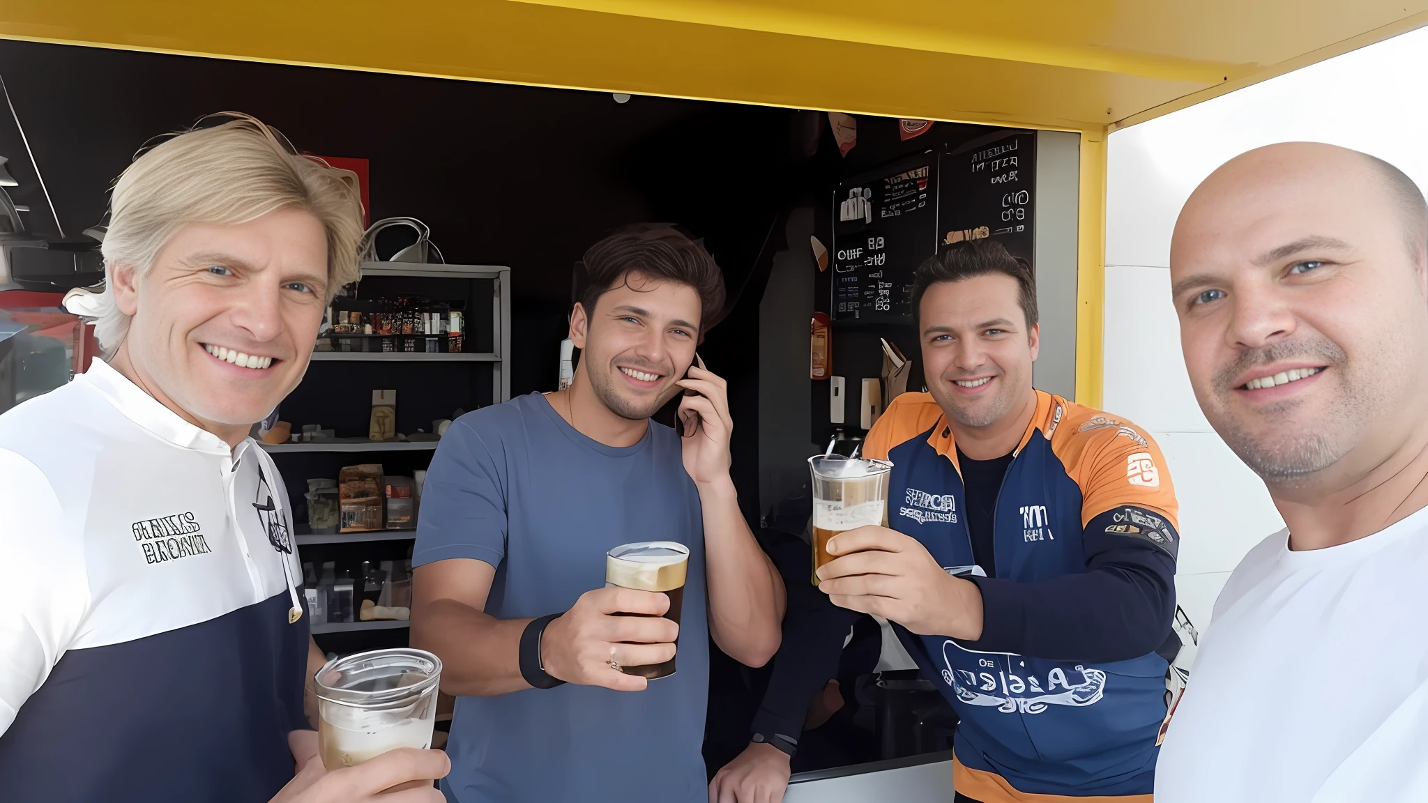 three men are holding beer glasses and talking on the phone, aussie baristas, people drinking beer, drinking a beer at train station, by Juriaen van Streeck, by Dicky Doyle, drinking a beer, getting his tacos and drink), holding beer, by Romain brook, holding a beer!!, description, from left, by Michiel van Musscher