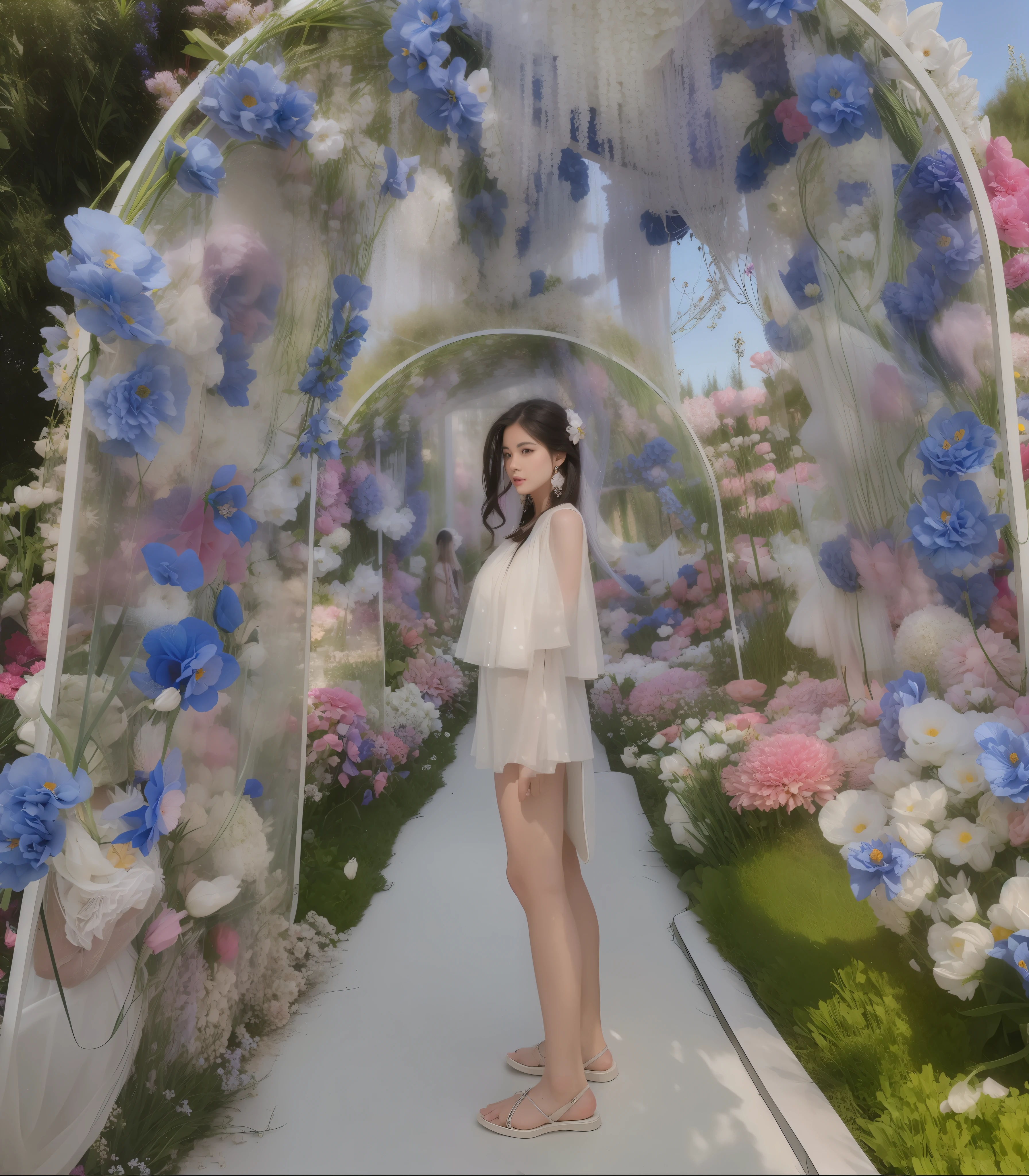 araffe woman standing in front of a flower covered archway, standing in flower field, with flowers, girl in flowers, standing in a flower field, 8k)), an aesthetic field of flowers, in garden, with frozen flowers around her, profile picture, standing in a botanical garden, beautiful aesthetic, asthetic, queen of flowers, beautiful image