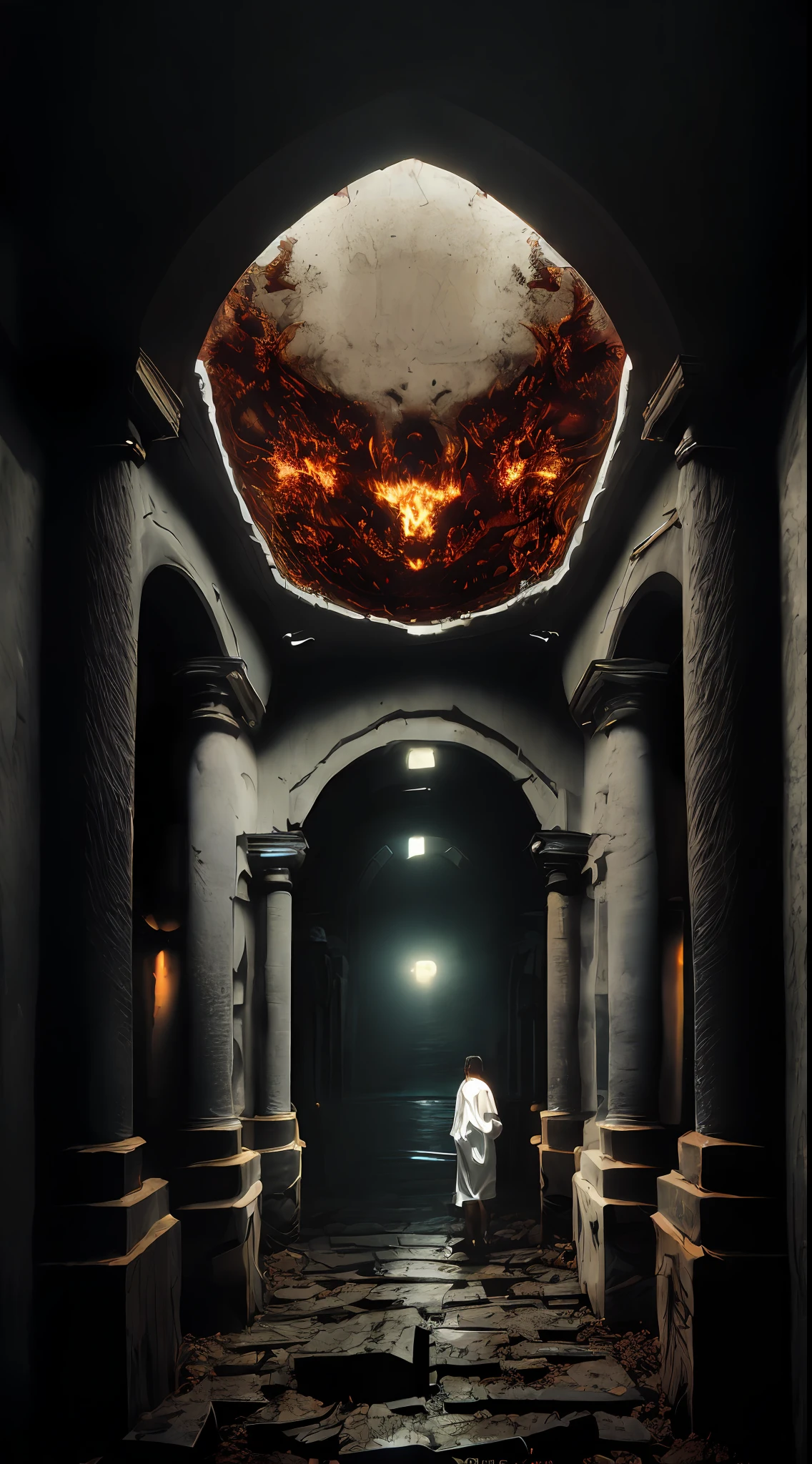 (SeventhHell:1.8) (ecovault:1), ((RAW, analog style)), cinematic lighting, atmospheric light, divine light, super fine, bloom, dramatic atmosphere, centering, rule of thirds, f/1.4, 6mm, high angle shot, extremely refined and beautiful, amazing, fine detail, masterpiece, ultra detail, high resolution, (best illustration), (best shadow), intricate, ((one in a white robe))),