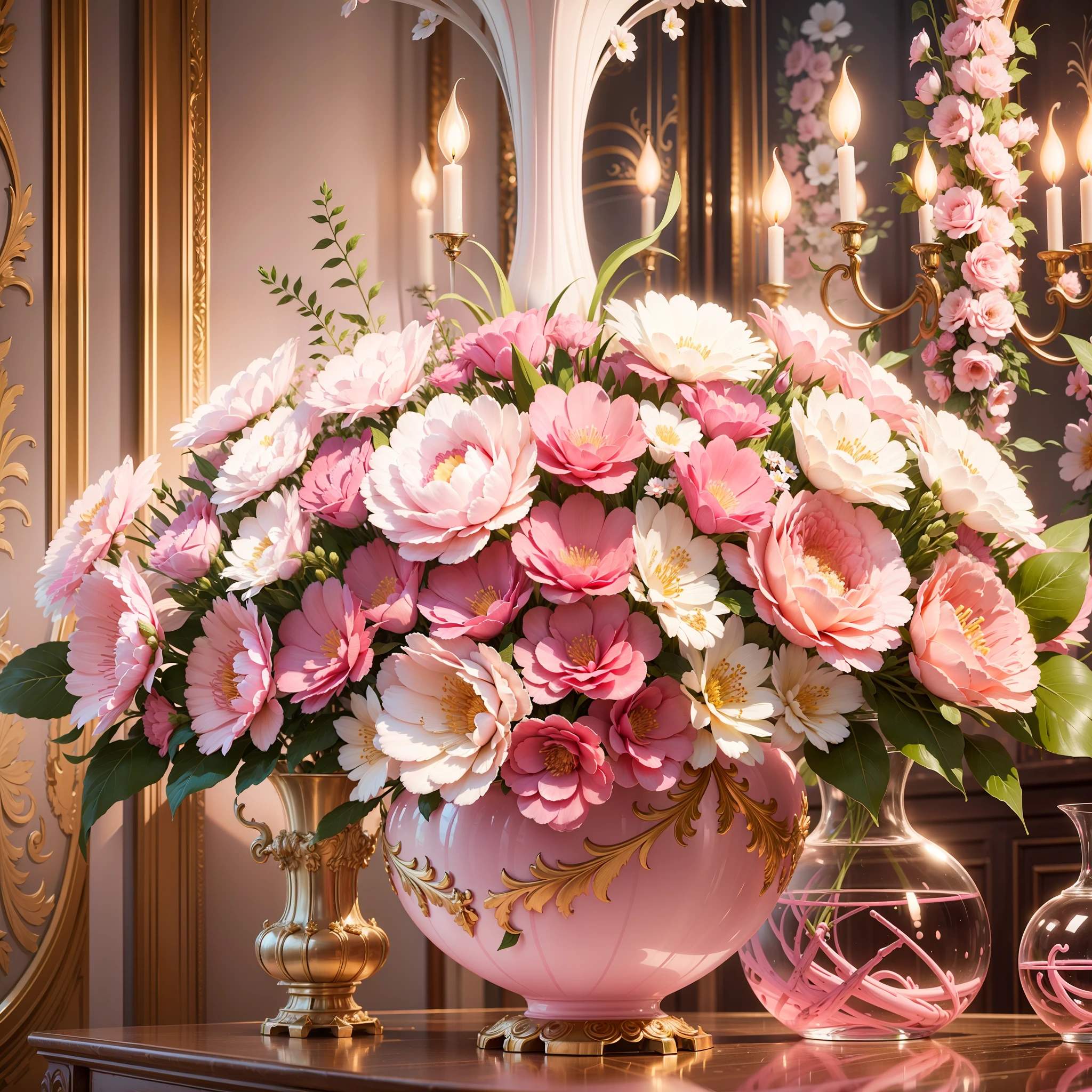 (Floral Art Association + Baroque), (pink + white) vase on table, flowers, meticulous, dreamy, Baroque elements, neon light, extreme. --auto --s2