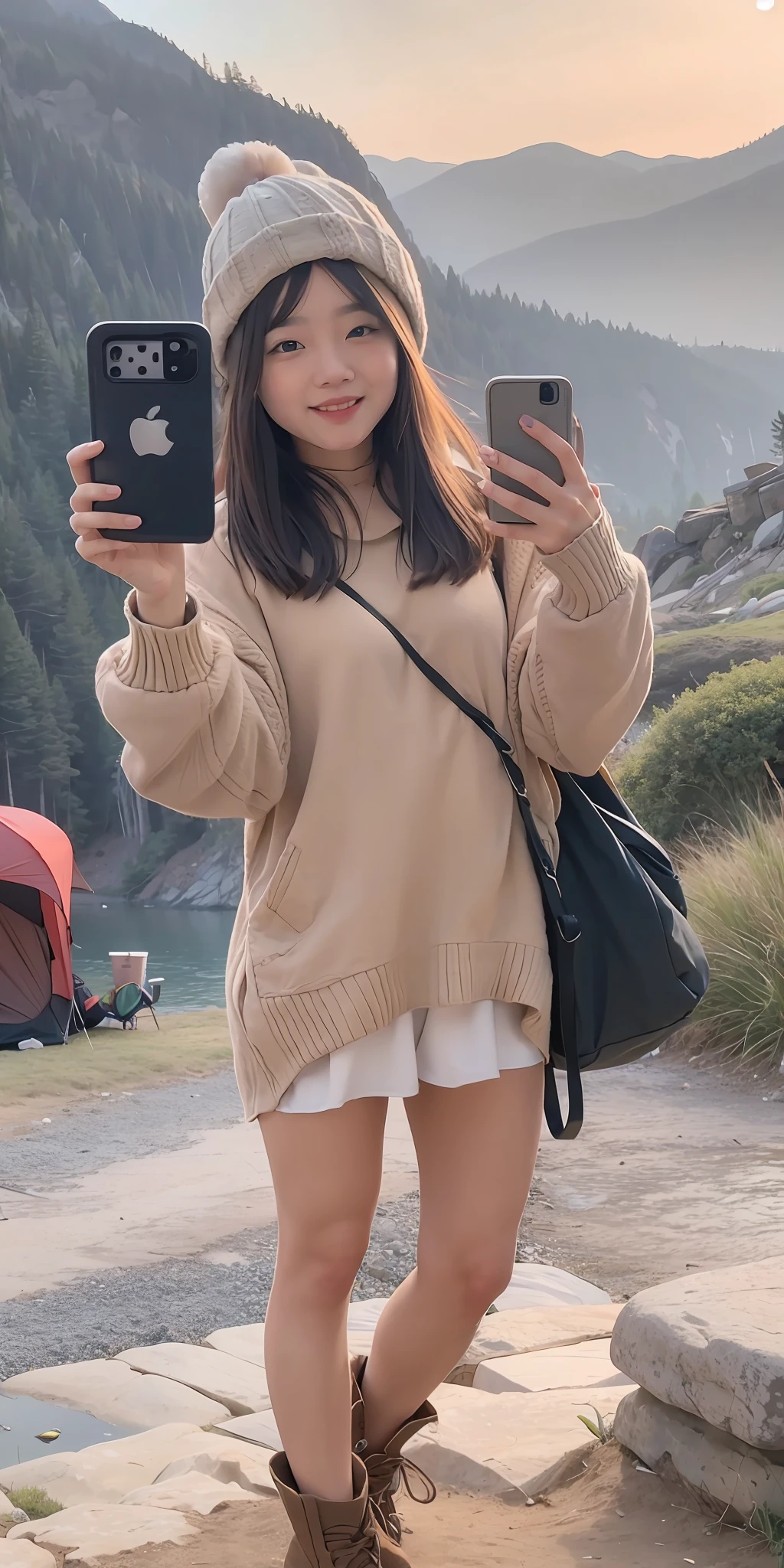 1 woman ((upper body selfie, happy)), masterpiece, best quality, ultra-detailed, ground, outdoor, (night), mountains, nature, (stars, moon) cheerful, happy, backpack, bag sleeping, camping stove, water bottle, mountain boots, gloves, sweater, hat, lantern, forest, stones, river, wood, smoke, shadows, contrast, clear sky, style, (warm hue, warm tone)