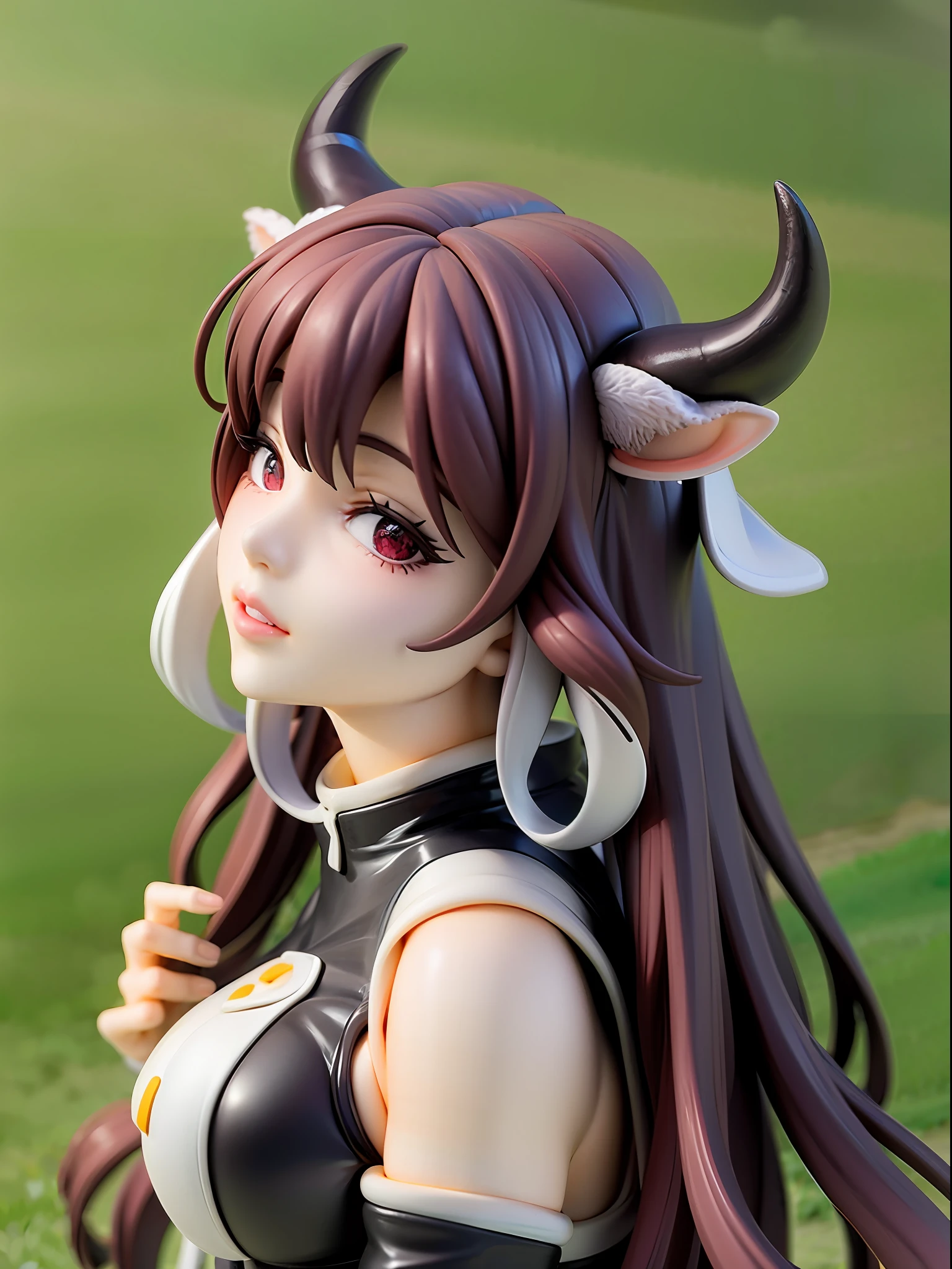1Girl, cow cosplay, horns on head, big breasts, looking up, angle from above, upper body, cow tail, mottled hair, white and black hair, long hair, fluffy hair, on grass sun light