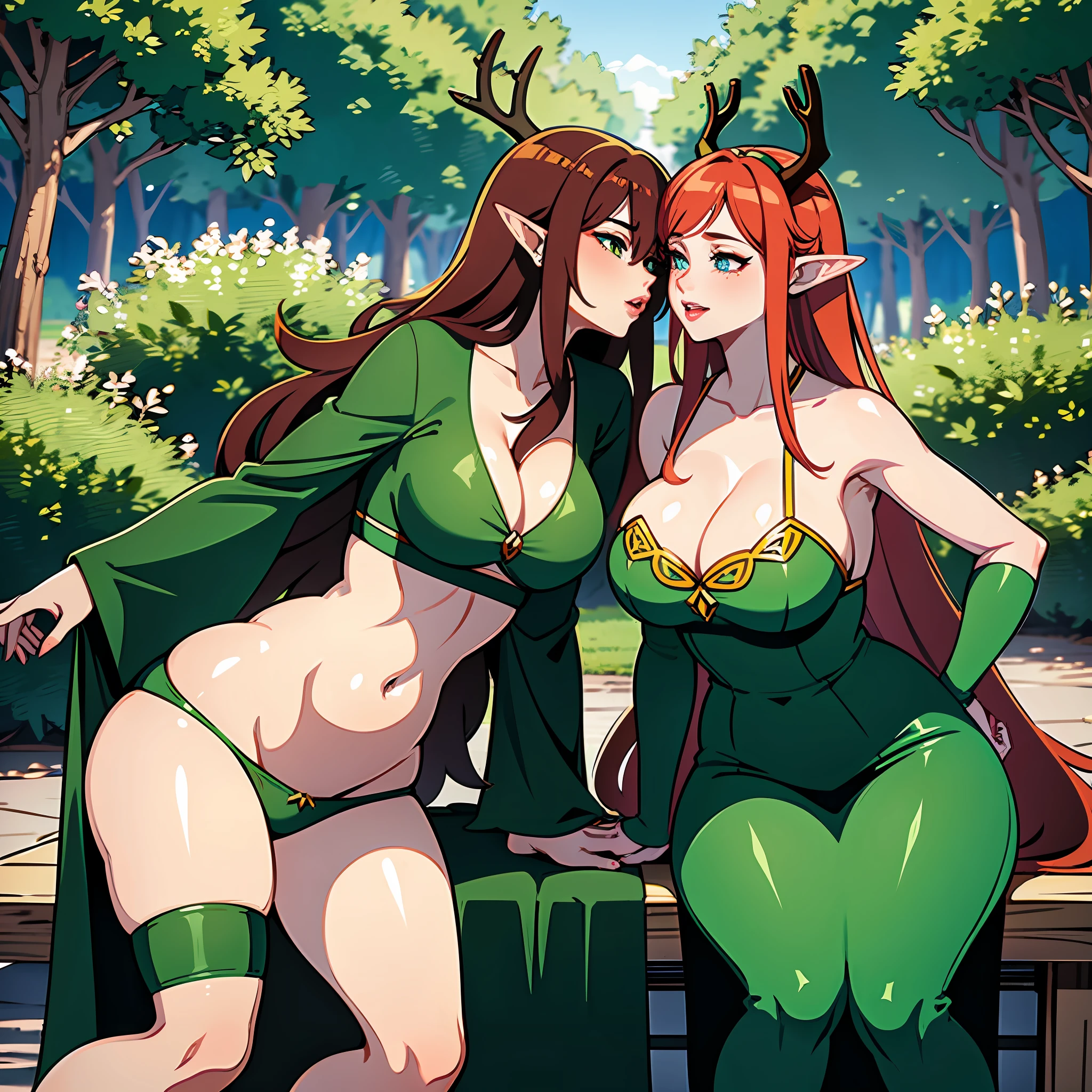 sfw yuri kiss two kissing lesbian girls bimbo curvy seductive druid in a green outfit bending over, full fat lips fey queen of the summer forest, goddess of the forest, elf queen, elf queen, queen of the forest, beautiful wood elf, fantasy art, forest mage, elf girl, forest hunter lady, elf queen with red hair and massive boobs and lots of cleavage antlers horns very curvy slutty huge tits lingerie sexy curvy With antlers on her head She had Red Hair Ginger Hair. She has big lips full lips