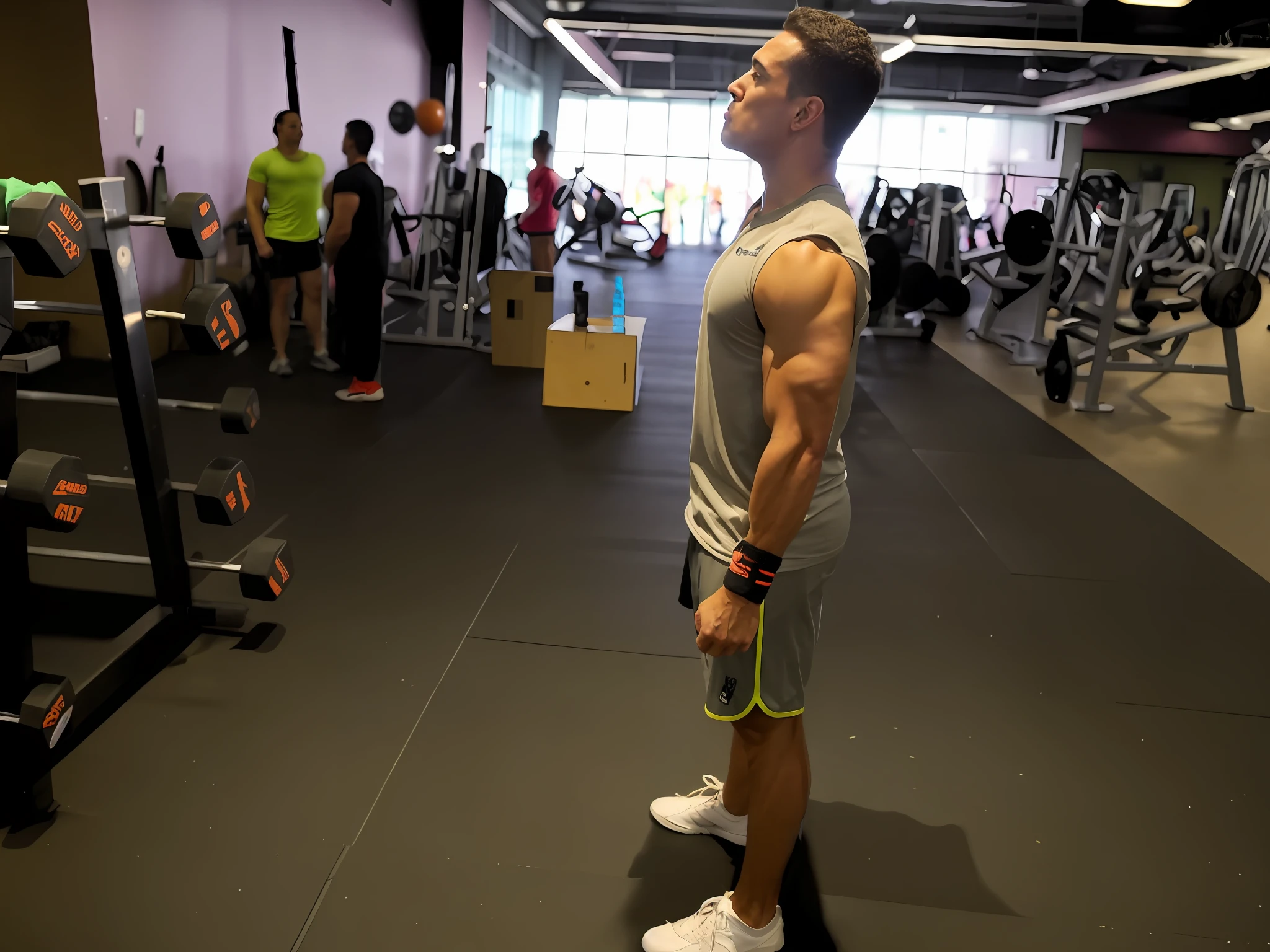 there is a man standing in a gym with a racket, in a gym, hunched shoulders, shoulders can be seen, fit pic, powerful stance, full body picture, in a menacing pose, strong and tall, working out, incredibly strong and tall, strong pose, mid-shot of a hunky, in a planet fitness, bulging muscles