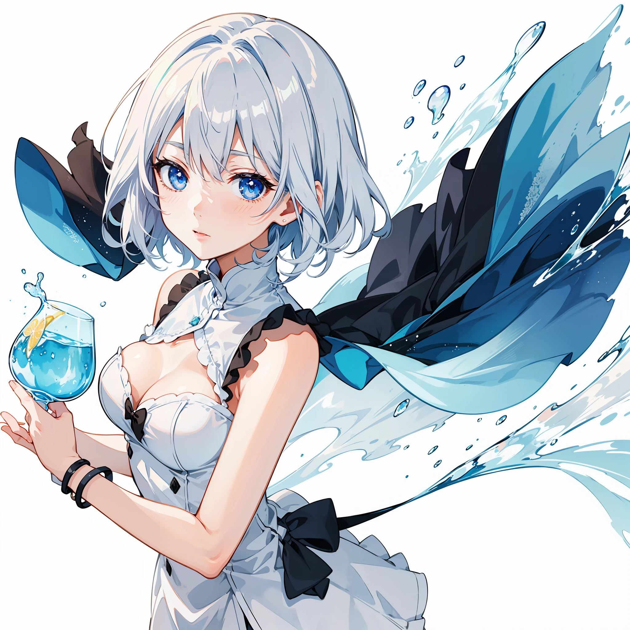 Anime girl with short white hair and a glass of water,, Watercolor anime illustration, Soft anime illustration made in watercolor by Hykyouri