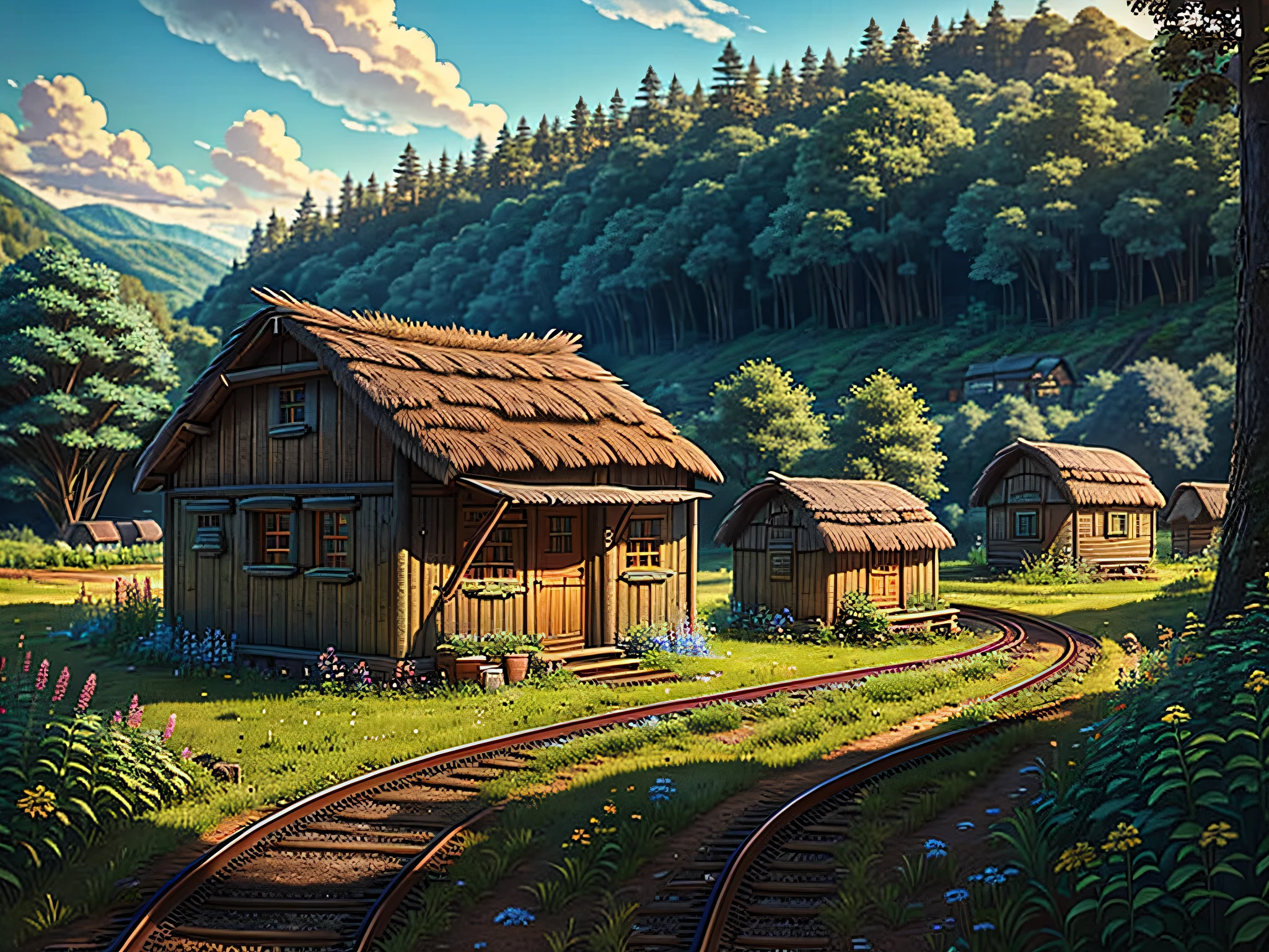High quality, nostalgic, detailed scene. photo of a secluded hut in the countryside, highly detailed near train station