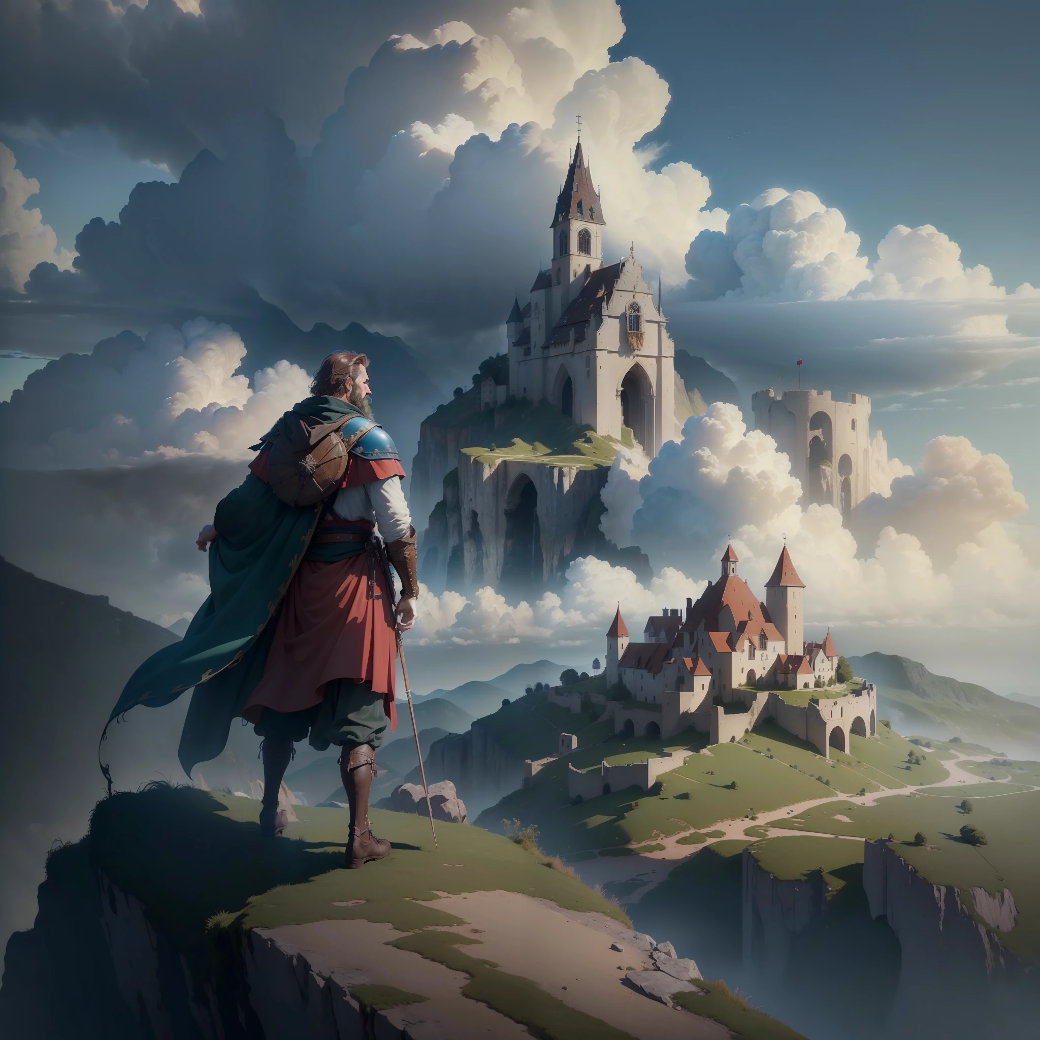 (((8k, RAW photo, best quality, masterpiece:1.4)))), ultra high resolution, ultra-detailed, illustration, medieval explorer, (man on cliff:1.2), small medieval town in the distance, landscape, warped clouds, well made sky, medieval kingdom, townscape, imagining, outdoors, background only, (back view:1.2)