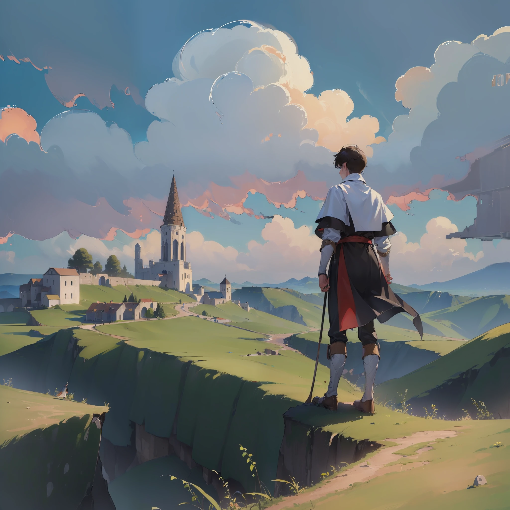 (((8k, RAW photo, best quality, masterpiece:1.4)))), ultra high resolution, ultra-detailed, illustration, medieval explorer, (man on cliff:1.2), small medieval town in the distance, landscape, warped clouds, well made sky, medieval kingdom, townscape, imagining, outdoors, background only, (back view:1.2)