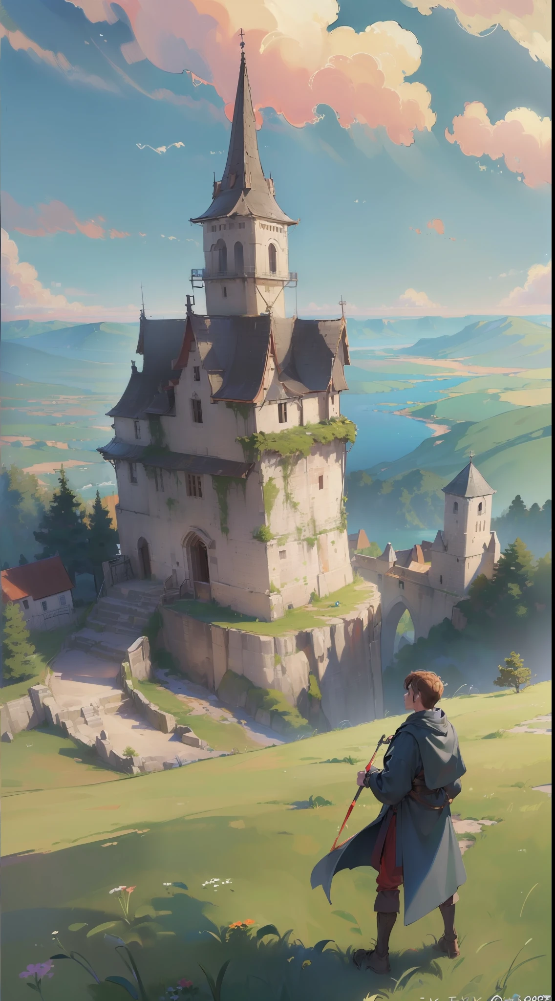 (((8k, RAW photo, best quality, masterpiece:1.4)))), ultra high resolution, ultra-detailed, illustration, medieval explorer, (man on cliff:1.2), small medieval town in the distance, landscape, warped clouds, well made sky, medieval kingdom, townscape, imagining, outdoors, background only, (back view:1.2)