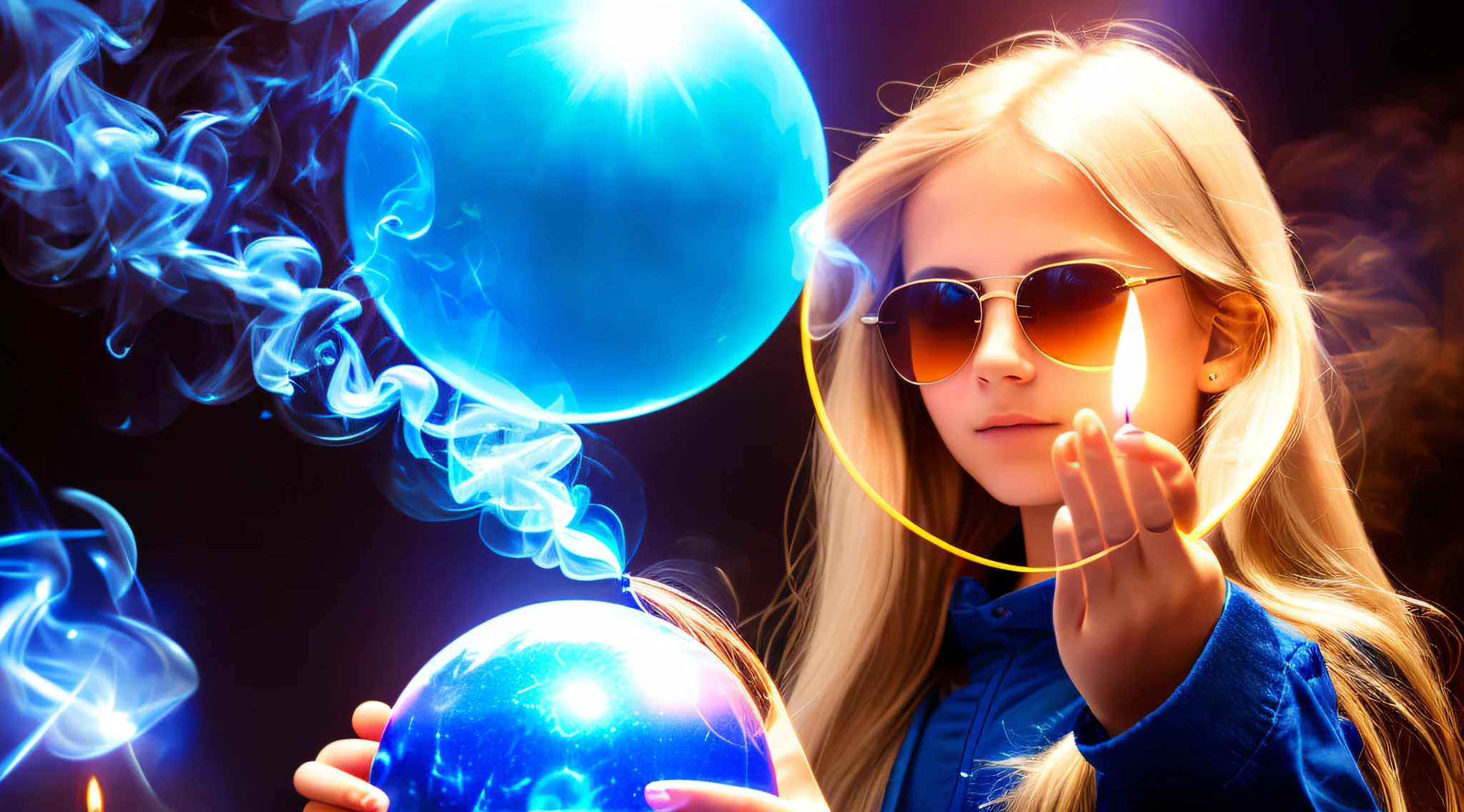 14 YEAR OLD CHILD GIRL WITH SUNGLASSES, WITH LONG BLONDE HAIR, holding a blue ball in her hands with smoke AND RAYS coming out of it, crystal ball, holding a crystal ball, casting a protection spell, holding a glowing orb, spell-casting mage, casting spells, the orb of truth, casting a powerful spell, holding a glowing orb of dice, a woman holding an orb, emitting psychic powers, hands holding large glowing orbs, RED BACKGROUND OF CANDLES LIT WITH MUCH FIRE.