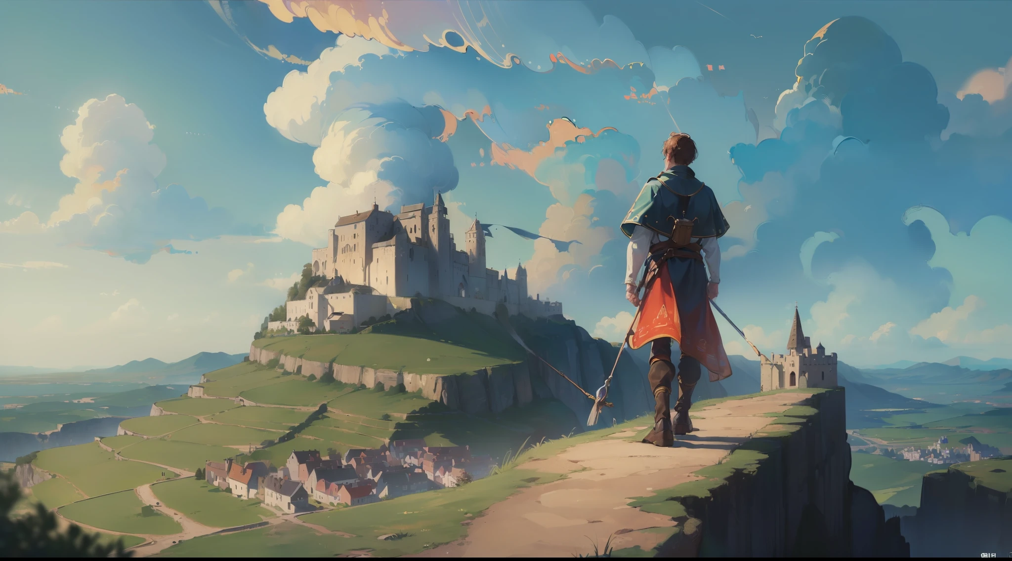 (((8k, RAW photo, best quality, masterpiece:1.4)))), ultra high resolution, ultra-detailed, illustration, medieval explorer, (man on cliff:1.2), small medieval town in the distance, landscape, warped clouds, well made sky, medieval kingdom, townscape, imagining, outdoors, background only, (back view:1.2)