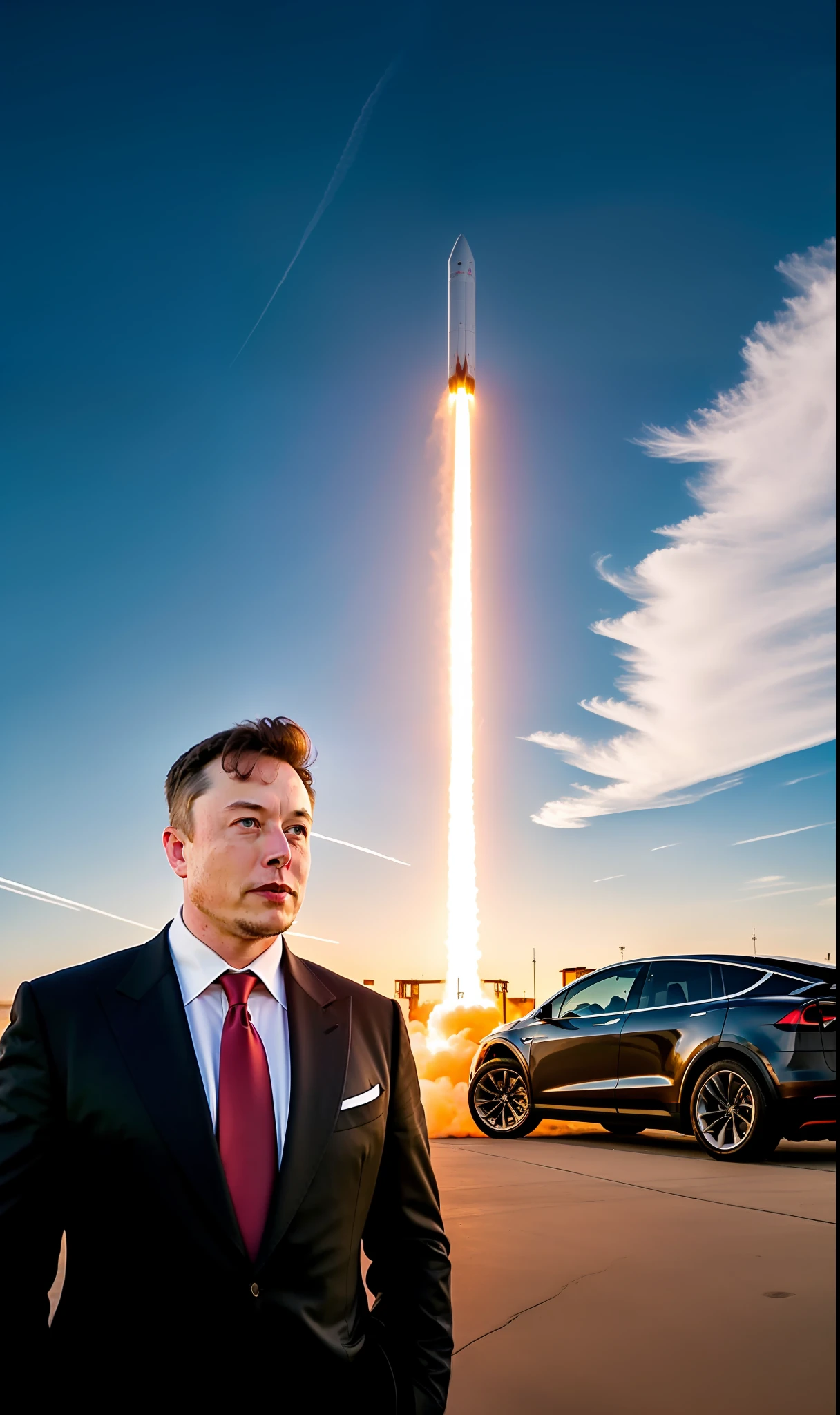 Photo of Elon Musk, detailed face with shadow on face wearing Giorgio Armani suit, sunset, tesla model x background and a rocket taking off at space x, 4k