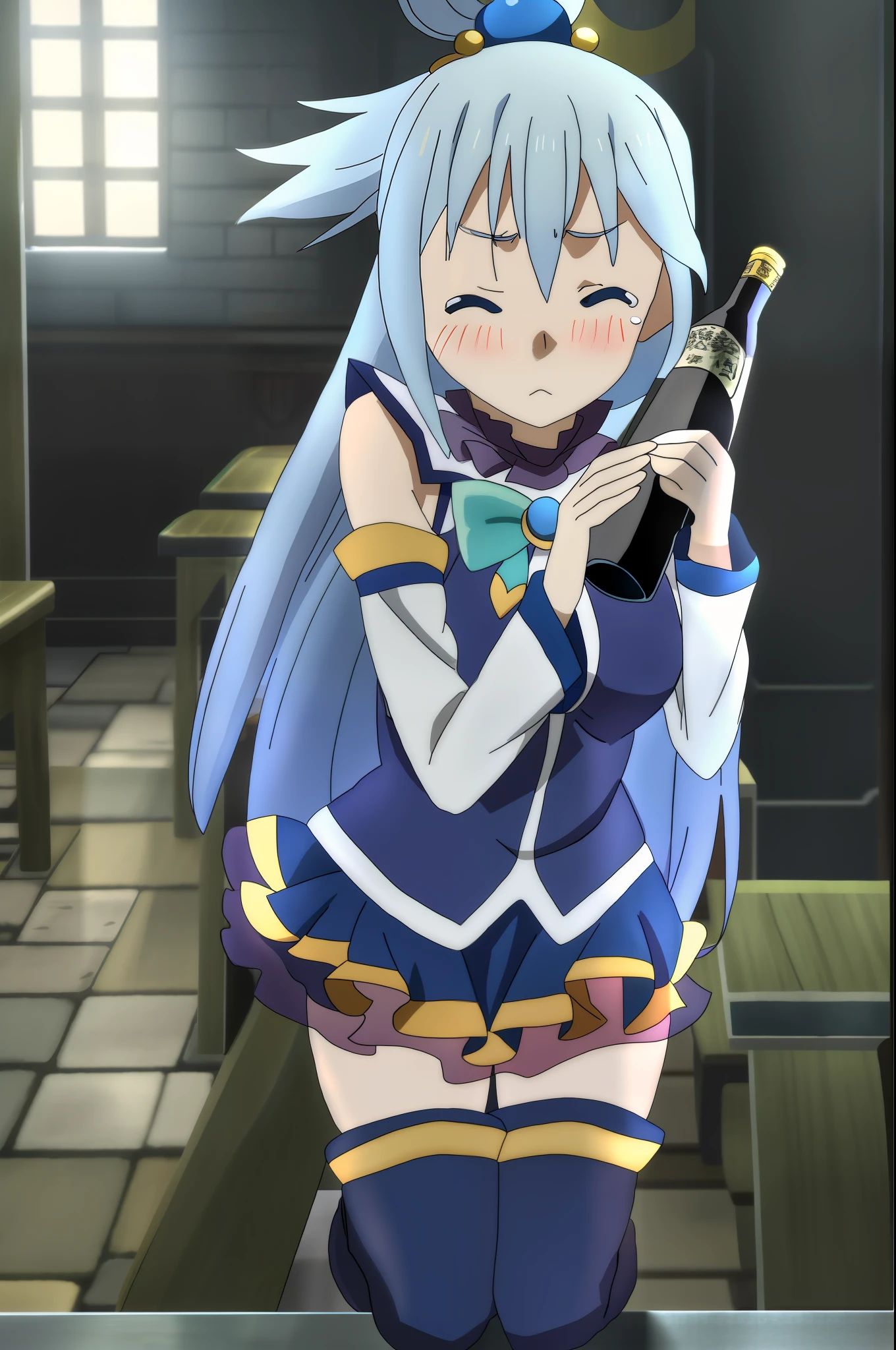 Adventurer's guild; Aqua, blushing, crying, holding bottle, on her knees, eyes closed