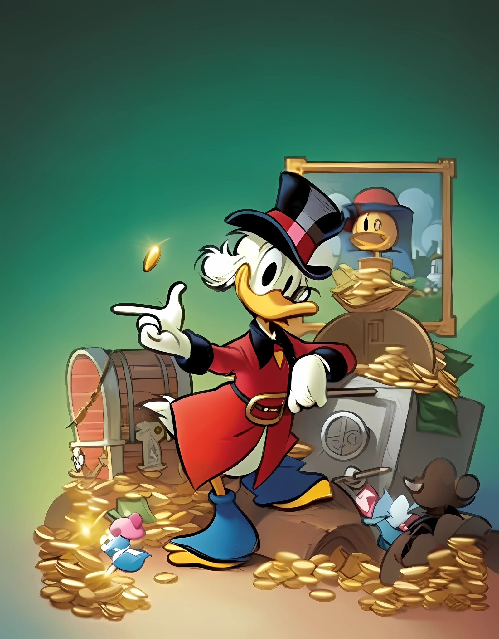donald duck and the golden coins, by Carl Barks, inspired by Carl Barks, donald duck, inspired by Jacob Duck, by Bob Singer, by Jacob Duck, ( ( ( mickey mouse ) ) ), “diamonds, official art, by Pedro Pedraja, flaunting his wealth, by Jack Davis, quackery, daffy duck