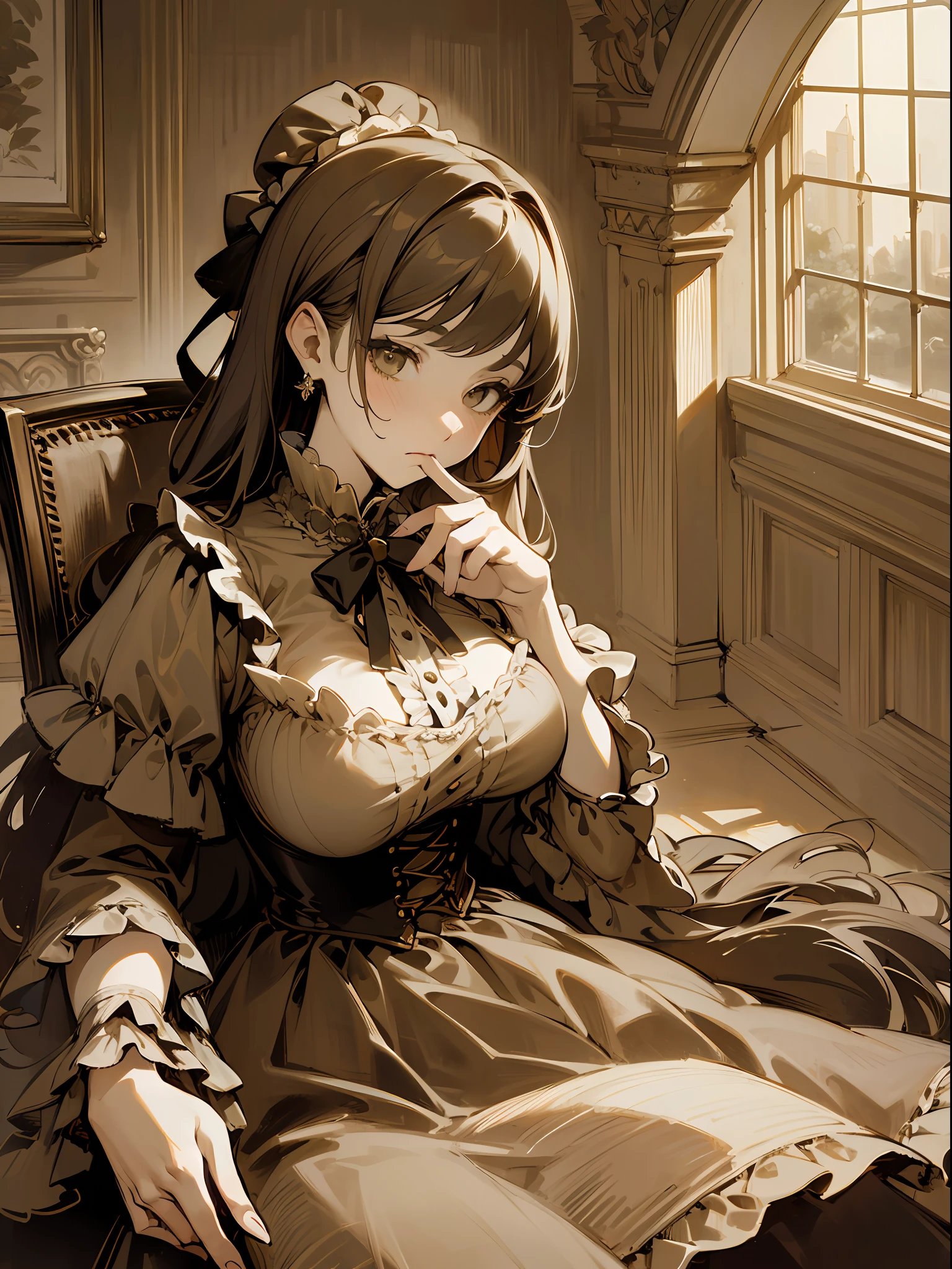 (Pure Color: 0.9), (Color: 1.1), (Masterpiece: 1,2), 1 Right Arm, 1 Left Arm, 5 Right Fingers, 5 Left Fingers, Top Quality, Masterpiece, High Resolution, Original, Highly Detailed Wallpaper, Beauty, Victorian, Dress, Melancholy, Big Breasts, Sepia Color, 40 Years Old --auto --s2