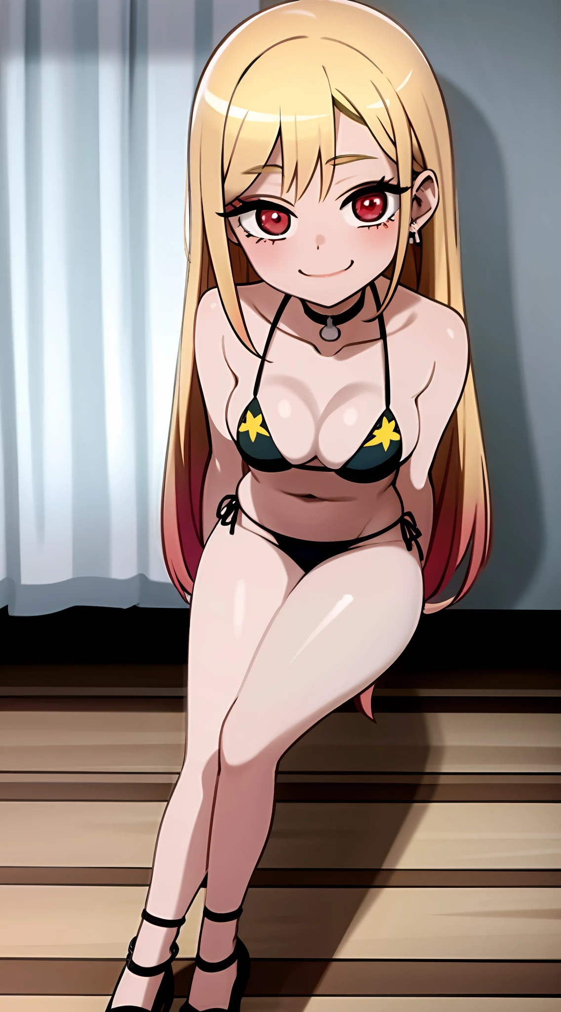 (masterpiece: 1.3), (best quality: 1.3), (cel shading: 1.15), high resolution, extremely detailed CG, ((1girl)), ((female solo)), ((female solo)), (small head), ((shiny skin)), eyeliner, smile, red eyes, detailed face, best ratio four fingers and a thumb, long blonde hair, bikini with yellow flowery print, top with front bow, mini bikini panties with strings and side bow, leaning forward, arms at the waist, navel, smile, looking at the viewer, cleavage, medium breasts, collarbone, belly, day, bare shoulders, blue eyes, arm strap, thighs, (:3:1.1), sitting on a mattress, in the bedroom, Japanese style room, mat, futon,