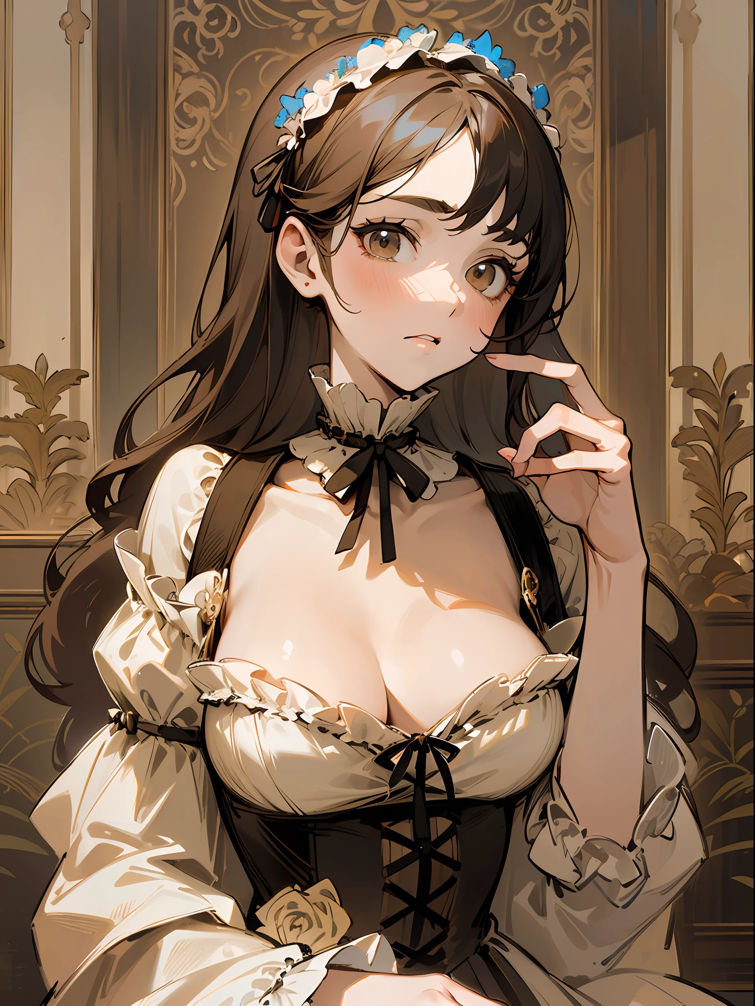 (Pure Color: 0.9), (Color: 1.1), (Masterpiece: 1,2), 1 Right Arm, 1 Left Arm, 5 Right Fingers, 5 Left Fingers, Top Quality, Masterpiece, High Resolution, Original, Highly Detailed Wallpaper, Beauty, Victorian, Dress, Melancholy, Big Breasts, Sepia Color, 40 Years Old --auto --s2
