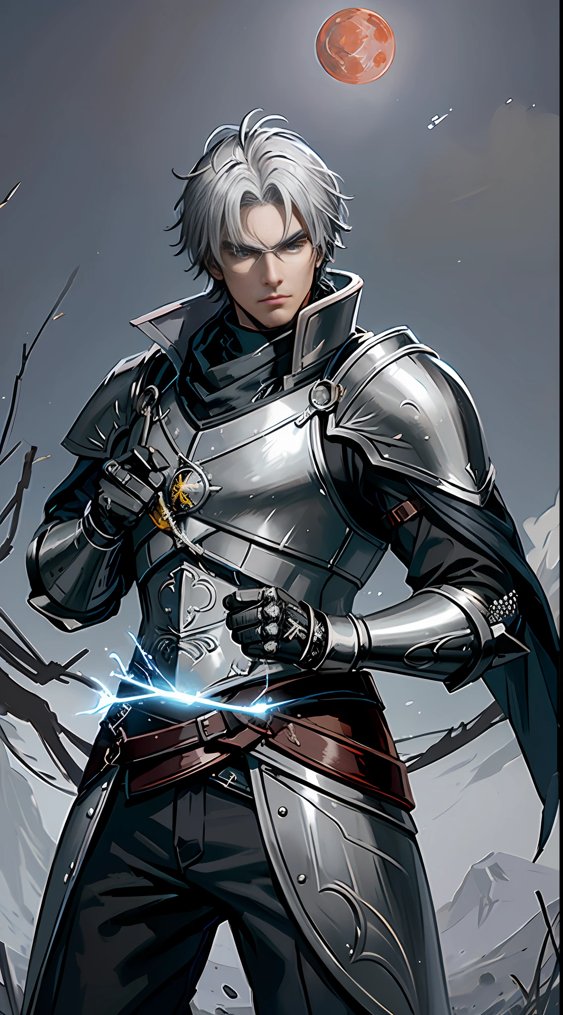 A rebellious man of 26 with shivering gray hair and silver eyes, his armor and silver with gold accents symbolizing electricity and ferocity, he carries an electric katana (setting a village with a blood moon in the background)