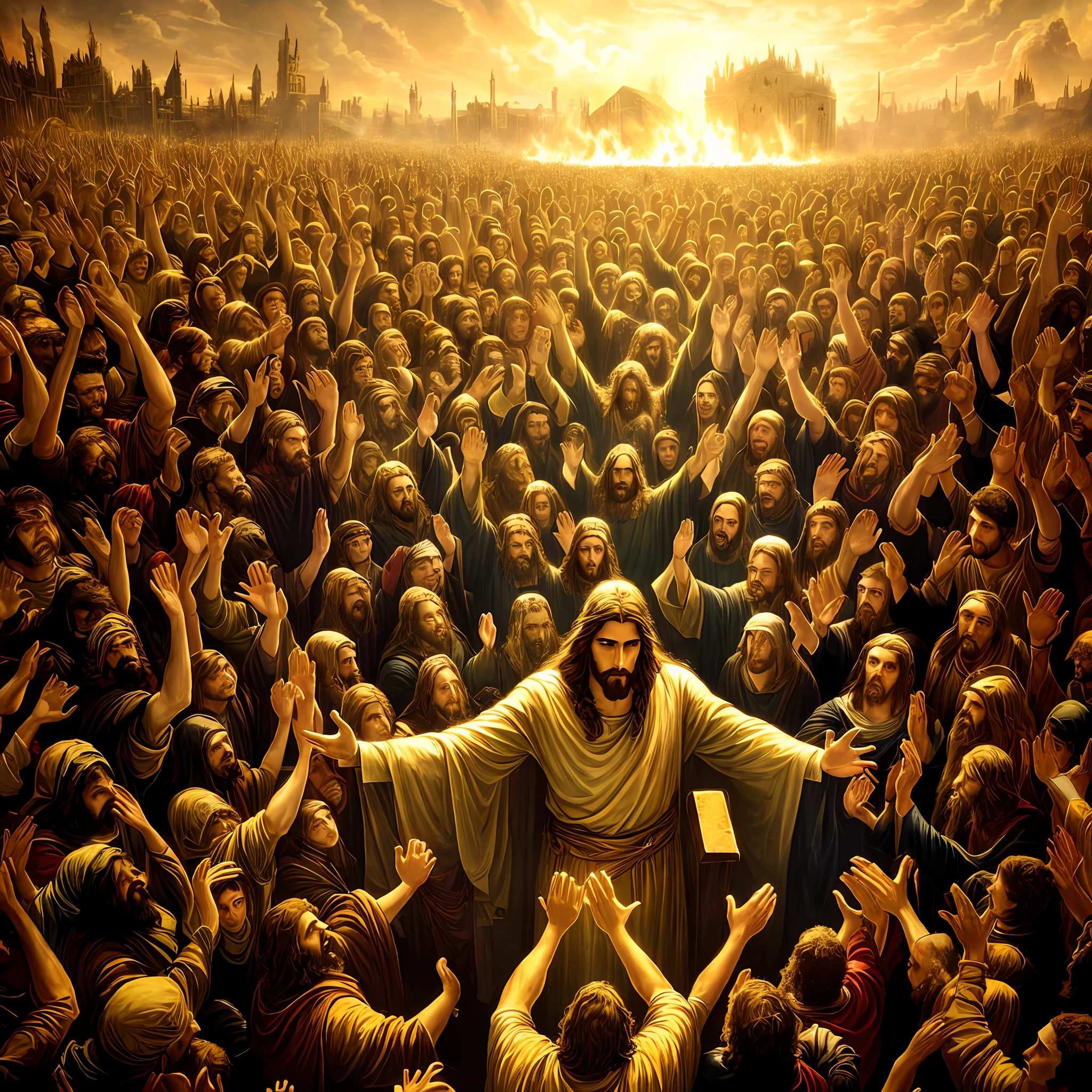Jesus Christ in giant form in the middle of the scene surrounded by people with their hands raised wanting to touch him, around Jesus Christ has a luminous and magical golden age, the place is a destroyed and burning plain, apocalyptic scene