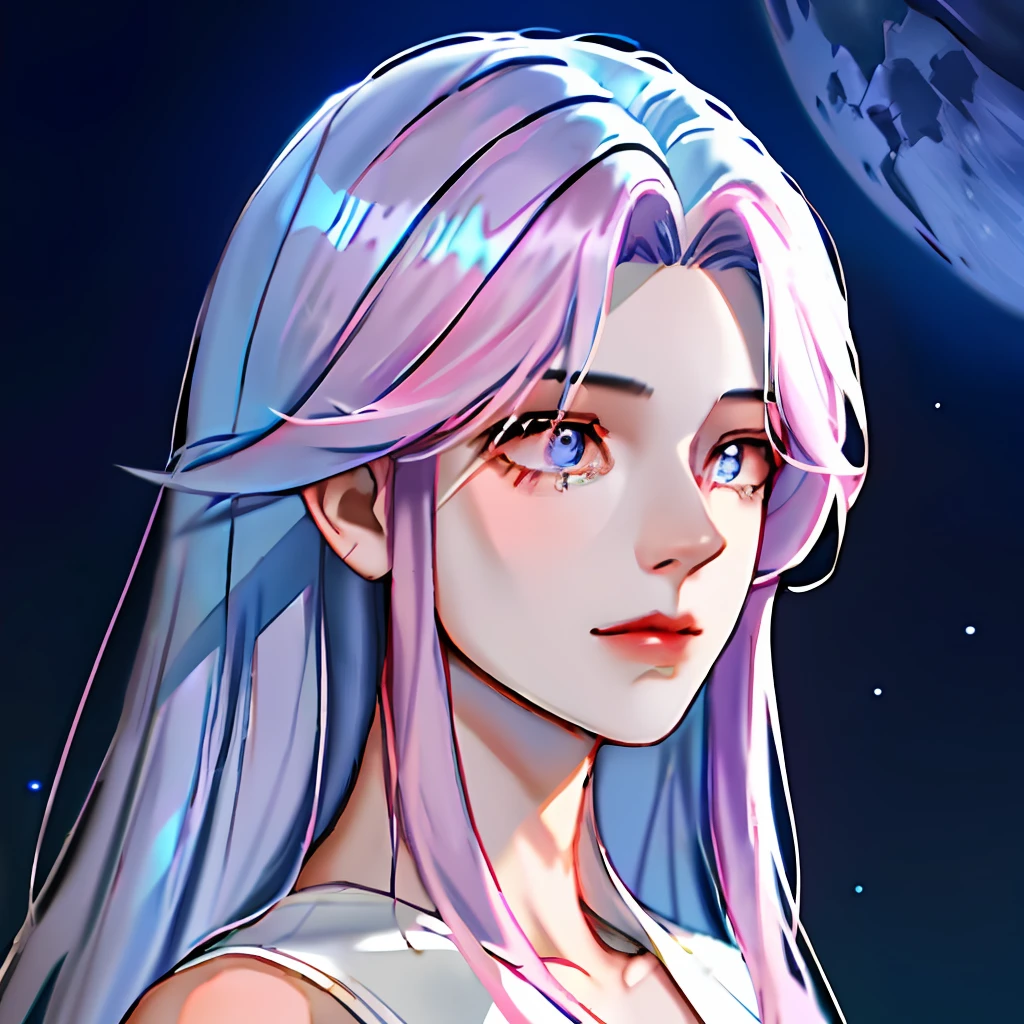 1 boy, simple background, dark background, atmosphere, front face, closed mouth, hemp blue gradient hair, boy, hair complex with personality, avatar, handsome, pink light source, look personality, unique hairstyle, front face, design sense clothes, moon, star-like brilliant hair, details, handsome, hair very detailed, diamond hair