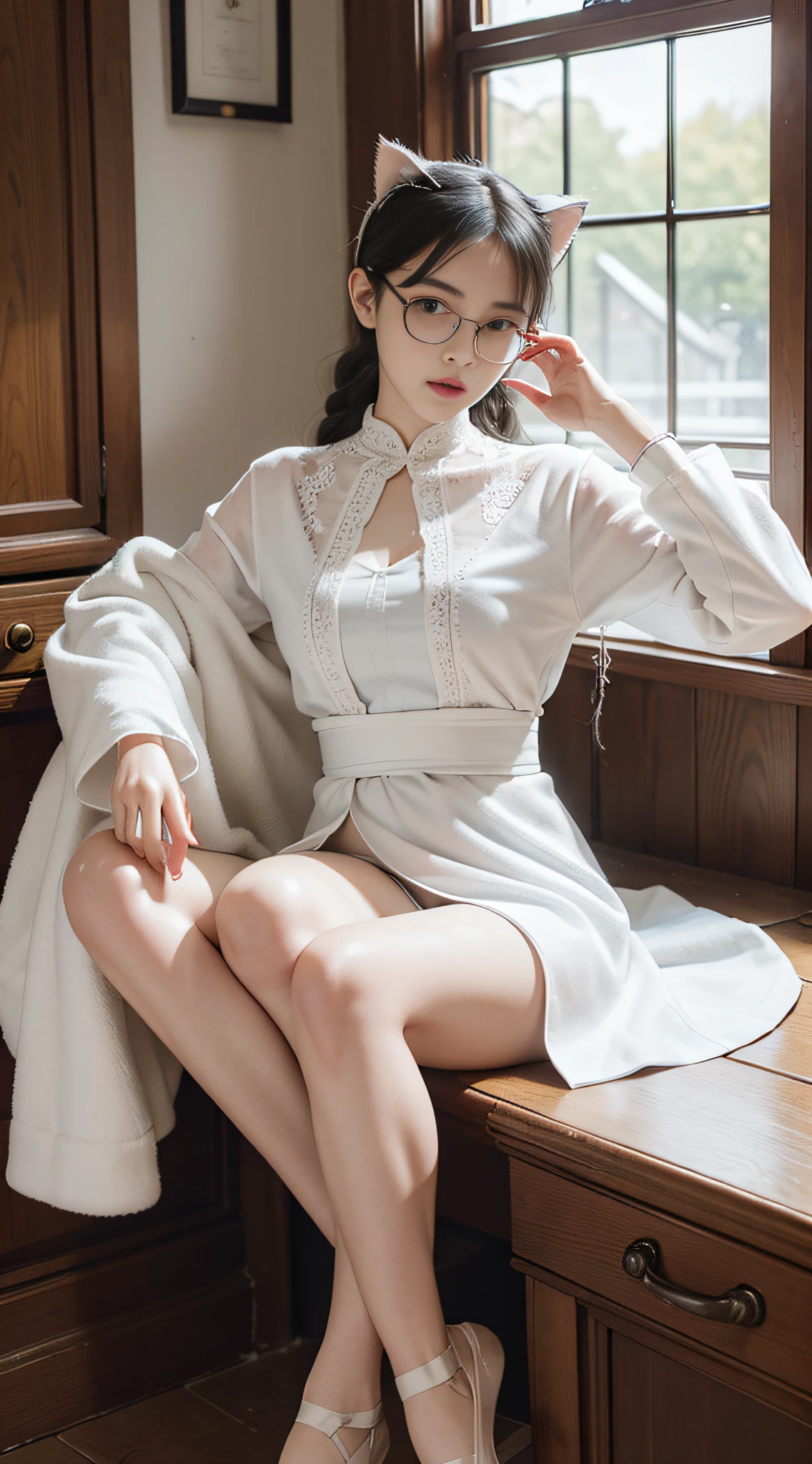 Selling cute expression sticking out tongue, ????, slave, tight belly pocket, bondage, collar, ????, (best quality, 8k, Masterpiece: 1.3))), Clear Focus: 1.2, (Layer Cut, Large: 1.2), Beauty with Perfect Figure: 1.4, Slender Abs: 1.2, Wet Body: 1.5, Highly Detailed Facial and Skin Texture, Detailed Eyes, Double Eyelids, Ball Head with Hairpin Twisted Braid, Large-Rimmed Glasses, Wearing a Creamy White Tulip Fairy Sweet Pure Desire High Split Cheongsam Lace Bathrobe, Wearing Cat's Ears, Split Legs, Ballet Dancing with a Big Belly Pregnant October, Ballet Shoes on Feet.