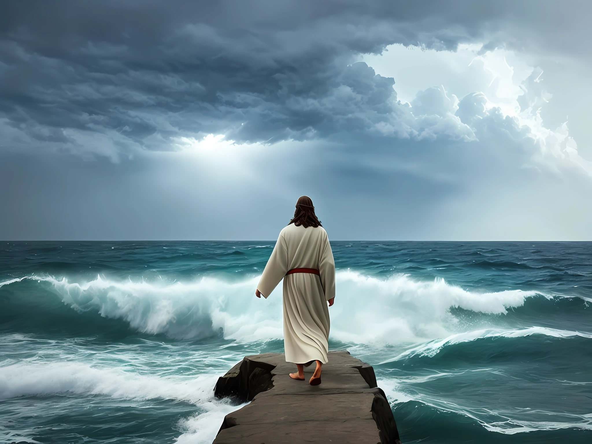 Jesus Christ walking on the sea calms the storm