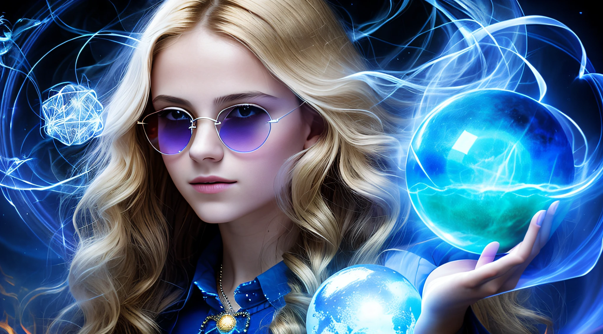 realistic, photo, beautiful, masterpiece, best quality, 14 YEAR OLD GIRL WITH SUNGLASSES, WITH LONG BLONDE HAIR, holding a blue ball in her hands with smoke AND RAYS coming out of it, crystal ball, holding a crystal ball, casting a protection spell, holding a glowing orb, spell casting mage, casting spells,  the orb of truth, casting a powerful spell, holding a glowing orb of dice, a woman holding an orb, emitting psychic powers, hands holding large glowing orbs, RED BACKGROUND OF CANDLES LIT WITH MUCH FIRE.