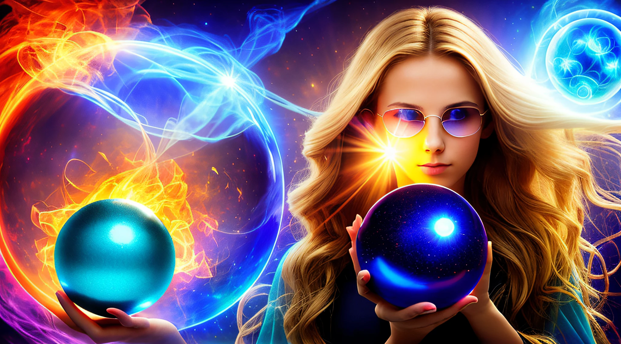 realistic, photo, beautiful, masterpiece, best quality, 14 YEAR OLD GIRL WITH SUNGLASSES, WITH LONG BLONDE HAIR, holding a blue ball in her hands with smoke AND RAYS coming out of it, crystal ball, holding a crystal ball, casting a protection spell, holding a glowing orb, spell casting mage, casting spells,  the orb of truth, casting a powerful spell, holding a glowing orb of dice, a woman holding an orb, emitting psychic powers, hands holding large glowing orbs, RED BACKGROUND OF CANDLES LIT WITH MUCH FIRE.