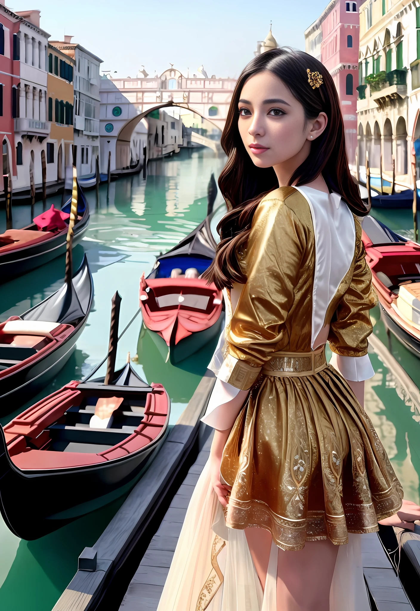 modelshoot style, (extremely detailed CG unity 8k wallpaper), full shot body photo of the most beautiful artwork in the world, stunningly beautiful photo realistic cute women, a hyper realistic ultra detailed photograph of a beautiful girl as a female 2020s dancer on the boat of 2020s Venice,(Bridge Of Sighs background),(princess eyes,shiny pupils), detailed symmetric beautiful hazel eyes, detailed gorgeous face,highly detailed, vibrant,professional majestic oil painting by Ed Blinkey, Atey Ghailan, Studio Ghibli, by Jeremy Mann, Greg Manchess, Antonio Moro, trending on ArtStation, trending on CGSociety, Intricate, High Detail, Sharp focus, dramatic, photorealistic painting art by midjourney and greg rutkowski