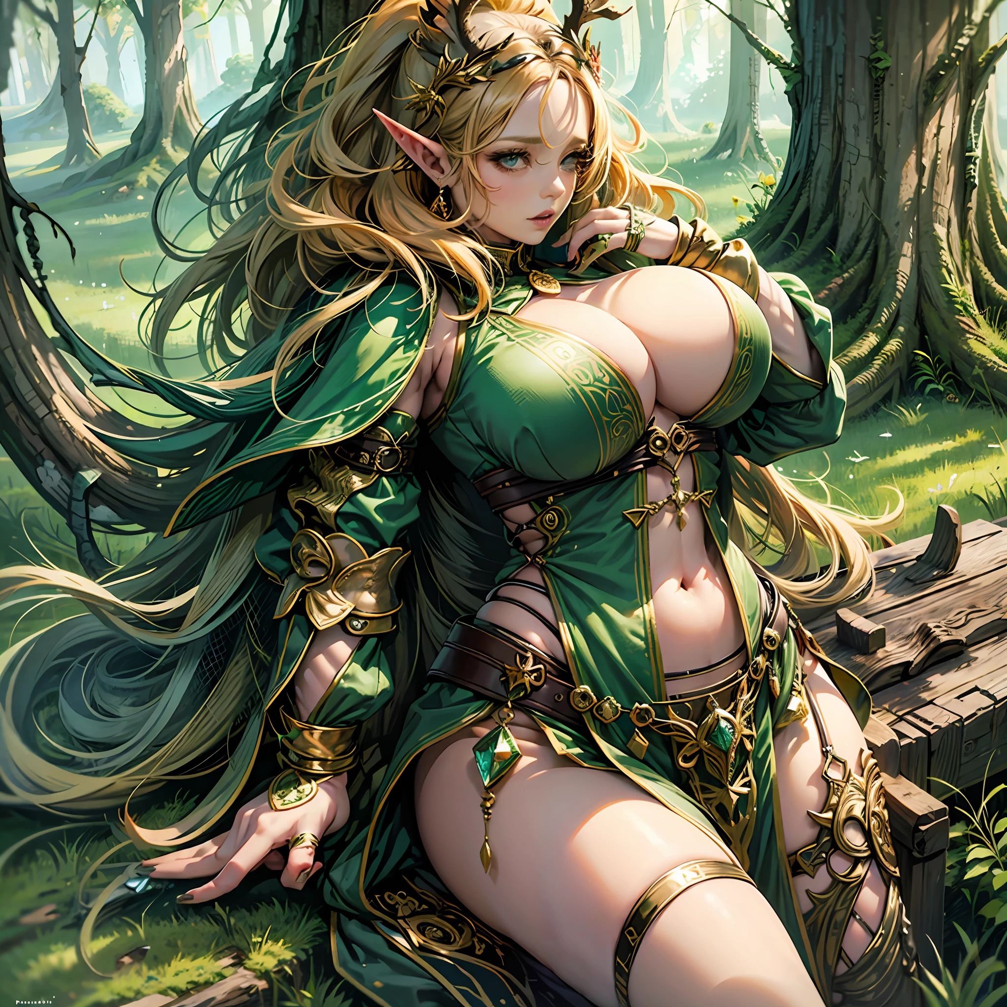 bimbo curvy seductive woman in a green outfit bending over, fey queen of the summer forest, goddess of the forest, elf queen, elf queen, queen of the forest, beautiful wood elf, fantasy art, forest mage, elf girl, forest hunter lady, elf queen with red hair and massive boobs and lots of cleavage antlers horns very curvy slutty huge tits lingerie sexy curvy