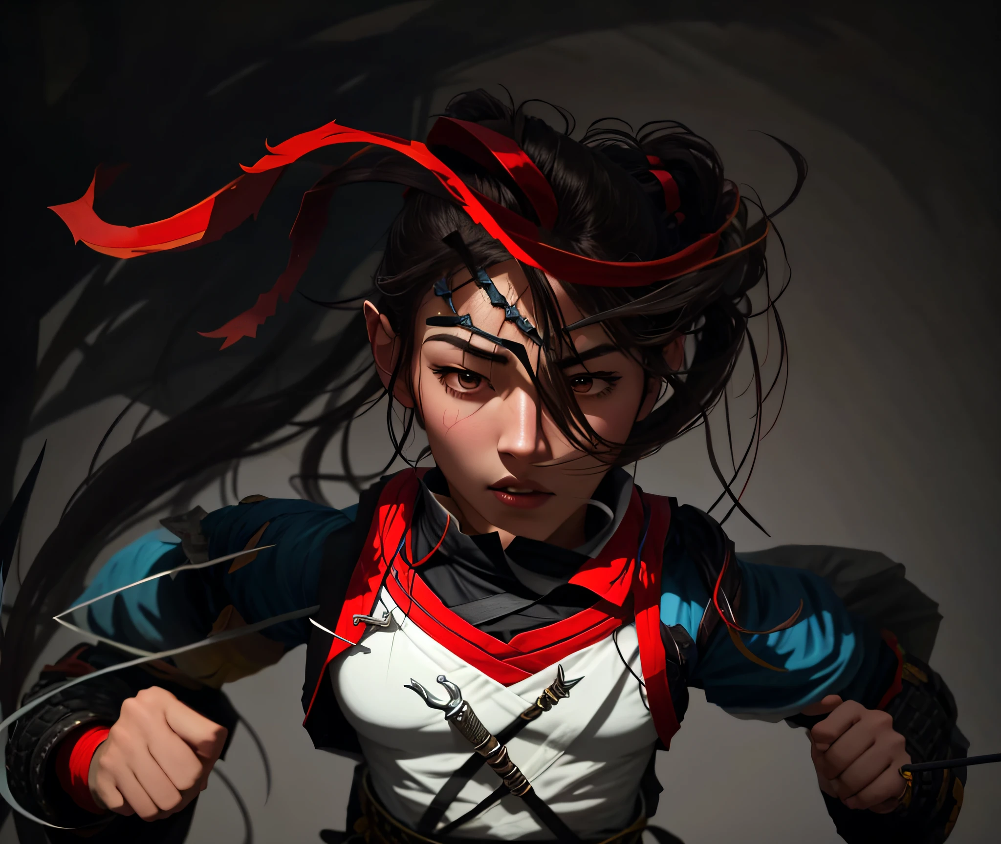 drawing of a man with a sword and a printed shirt, with a band tied on his forehead, in a fighting posture, fighting game character, fighting posture, intense line art, close-up character, image of an adult male warrior, muscular character, a portrait of the character, she is ready to fight, close-up character, Fighting pose, in a fighting pose, close-up of the character, creepy rage pose