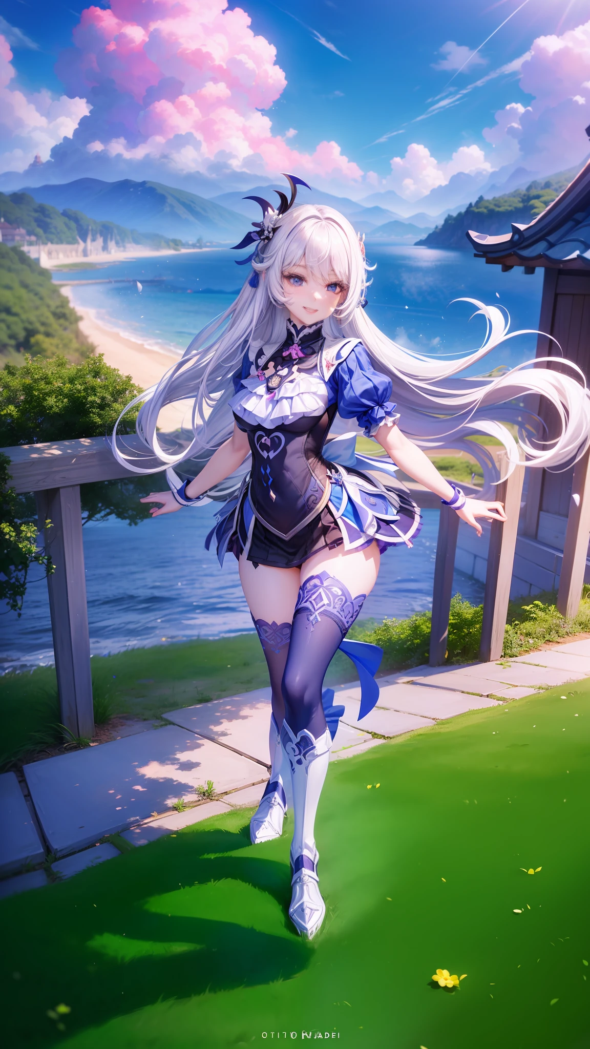 official art, masterpiece, sharp focus, (beautiful, beautiful and cute Fischl Genshin impact : 1.3), (beautiful and cute Korean: 1.3), Korean beauty, hair and eyes and face delicate and beautiful, realistic, ultra detailed, beautiful girl, blue sky, bright white particle, (side lighting: 1.2), sunlight, white cloud, detailed clouds, slender, lovely very large breasts and very large hips, smile with teeth, ((smile with eyes, open both eyes)), (Mondstad-Genshin impact scenario) , long straight hair, sexy facial expression, construction, (Mondstad-Genshin landscape impact: 1.7), dynamic hair, long straight hair, detailed platinum pink hair, bright blue eyes, (blue pleated shirts + white skirt), long white socks, pale skin, hair ornament, epic scenery ,
