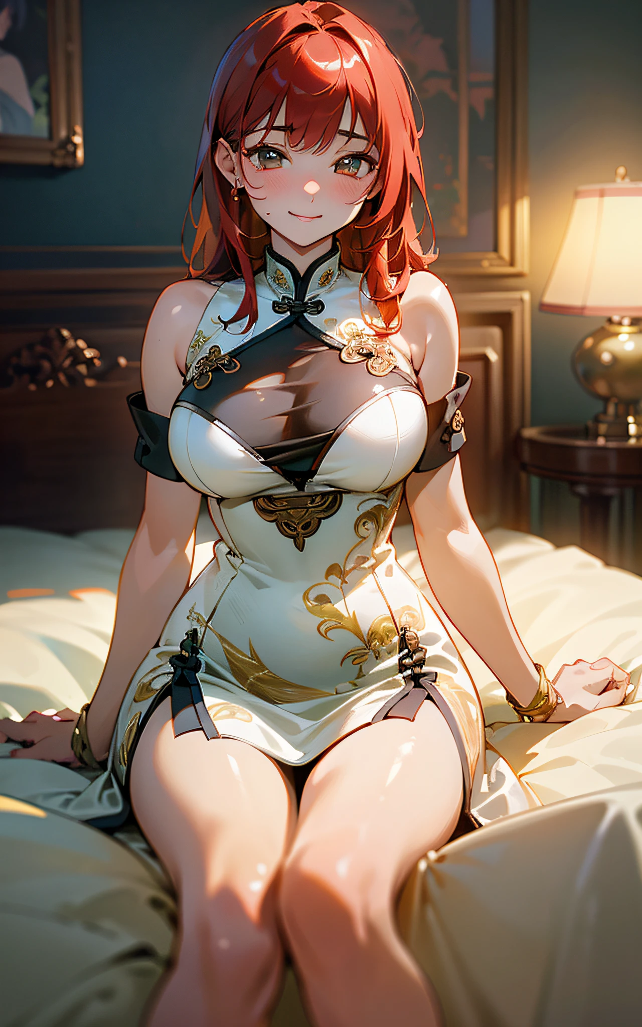 spread legs(Original Character、Unity 16K Wallpaper, Masterpiece, Best Quality, Ultra-Detailed, Extremely Detailed CG, Caustics, Cinematic Lighting, Detailed, Beautiful Detailed Eyes, solo), Ultra High Resolution, fine skin, (sexy china dress, curby、bed), (strong light)、((brighten the subject)),blush,oily skin,spread legs,red hair,seductive smile
