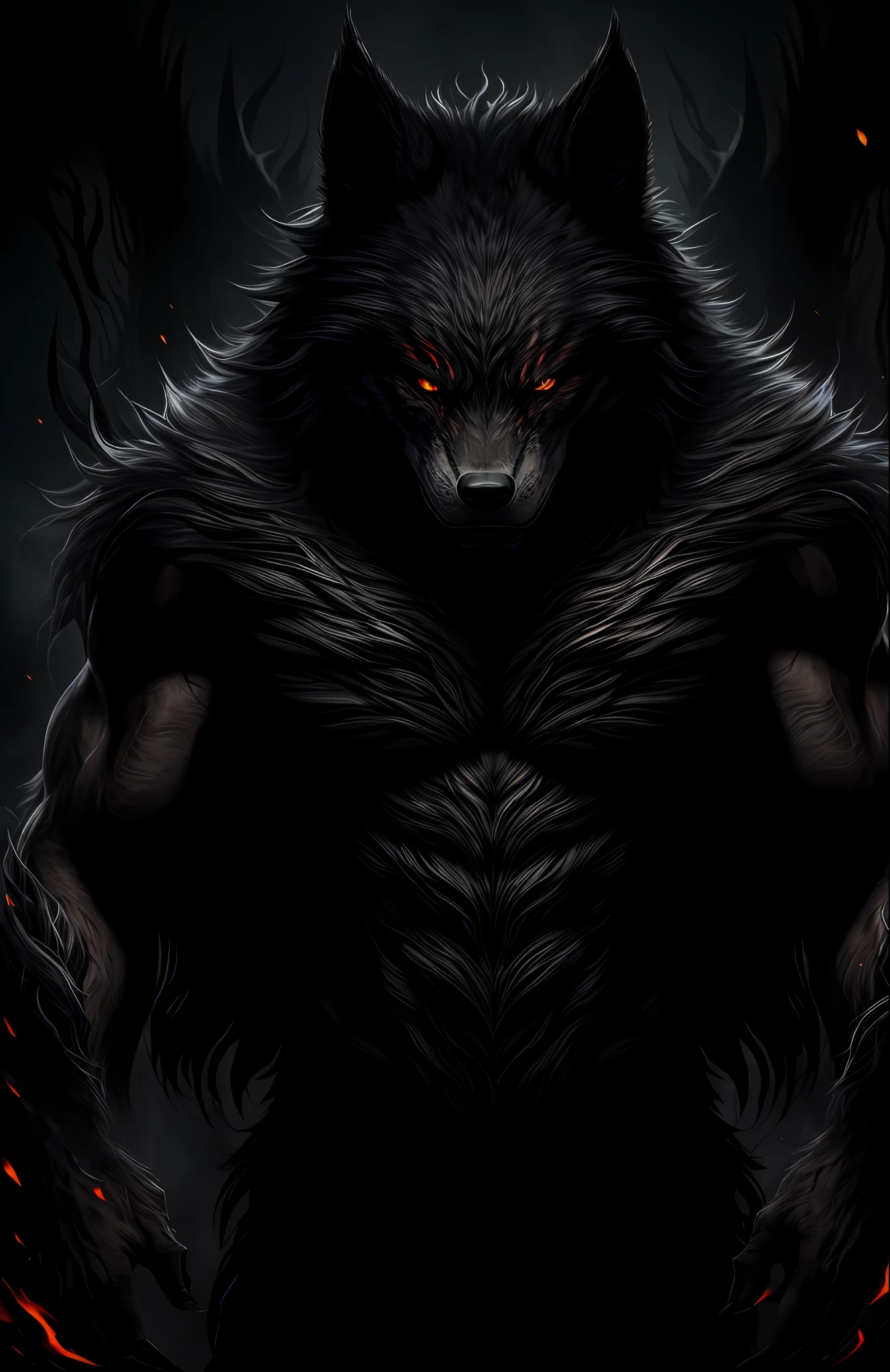 (((artwork))), better quality, detailed CG illustration, dark background, mystical and mysterious figure of a creature that appears to be half werewolf and demon, scary, dark hair, burning eyes, fierce and intimidating expression, soft and shaded tones.