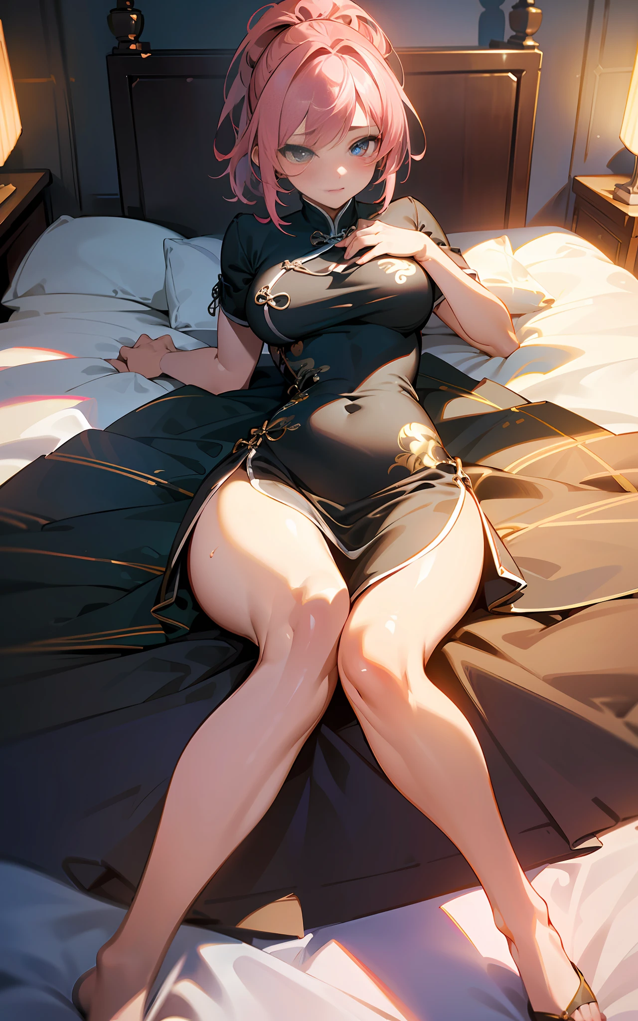 spread legs(Original Character、Unity 16K Wallpaper, Masterpiece, Best Quality, Ultra-Detailed, Extremely Detailed CG, Caustics, Cinematic Lighting, Detailed, Beautiful Detailed Eyes, solo), Ultra High Resolution, fine skin, (sexy china dress, curby、bed), (strong light)、((brighten the subject)),blush,oily skin,spread legs,pink hair