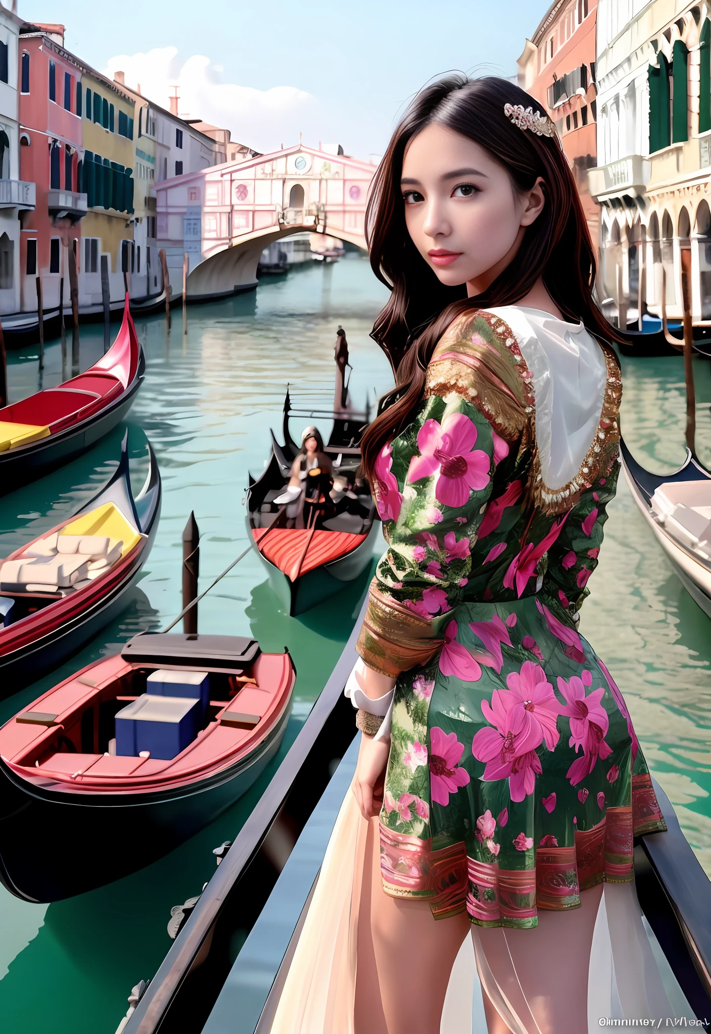 modelshoot style, (extremely detailed CG unity 8k wallpaper), full shot body photo of the most beautiful artwork in the world, stunningly beautiful photo realistic cute women, a hyper realistic ultra detailed photograph of a beautiful girl as a female 2020s dancer on the boat of 2020s Venice,(Bridge Of Sighs background),(princess eyes,shiny pupils), detailed symmetric beautiful hazel eyes, detailed gorgeous face,highly detailed, vibrant,professional majestic oil painting by Ed Blinkey, Atey Ghailan, Studio Ghibli, by Jeremy Mann, Greg Manchess, Antonio Moro, trending on ArtStation, trending on CGSociety, Intricate, High Detail, Sharp focus, dramatic, photorealistic painting art by midjourney and greg rutkowski