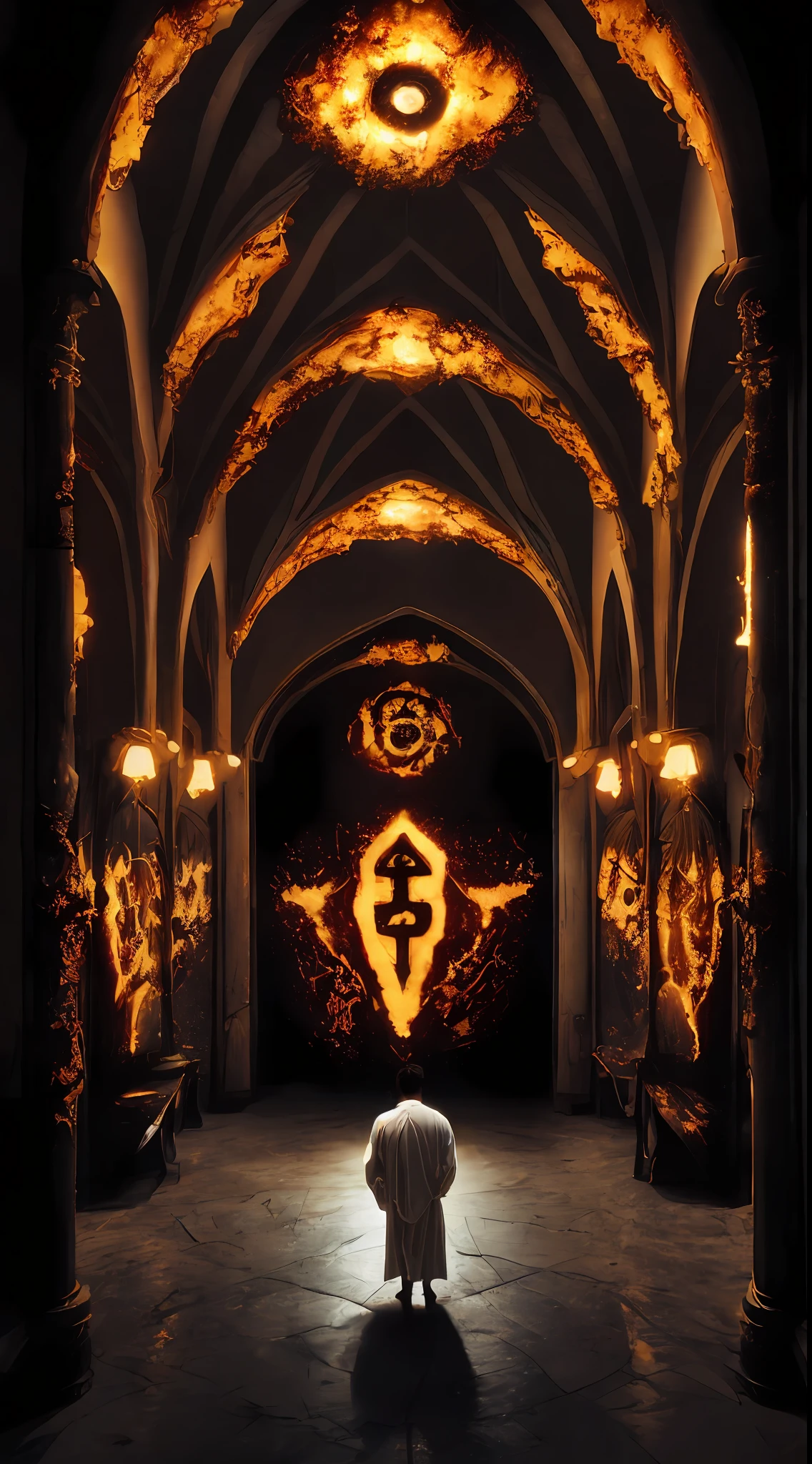 (SeventhHell:1.8) (ecovault:1), ((RAW, analog style)), cinematic lighting, atmospheric light, divine light, super fine, bloom, dramatic atmosphere, centering, rule of thirds, f/1.4, 6mm, high angle shot, extremely refined and beautiful, amazing, fine detail, masterpiece, ultra detail, high resolution, (best illustration), (best shadow), intricate, ((one in a white robe))),