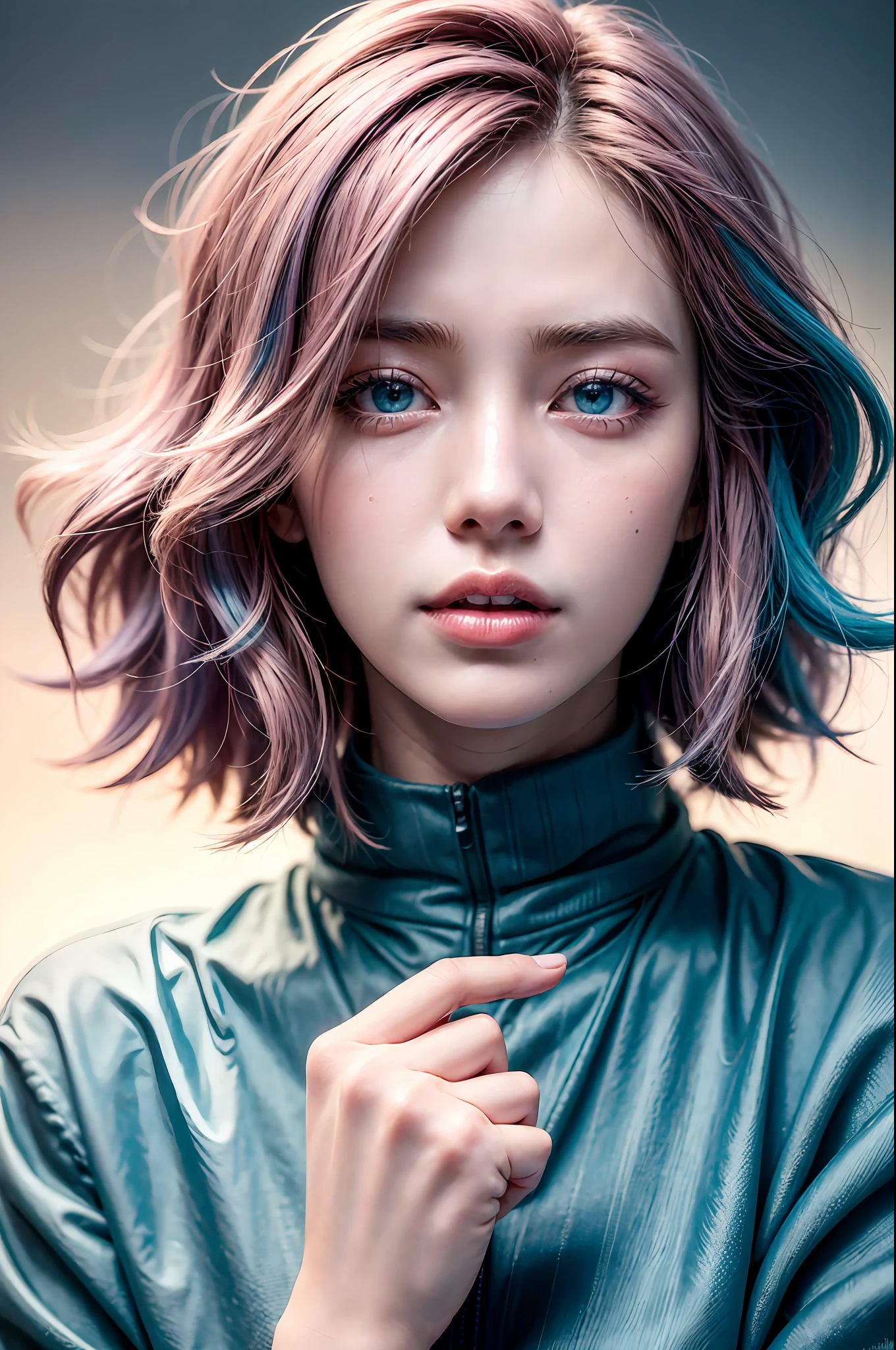 (masterpiece,realistic, best quality:1.4), excited 25yo woman, pokies,she is pointing out to the right hand side, wavy short hair, ((mix pink-blue hair)), floating hair by wind blow, solo, white gloves, gloves, looking at viewer, lovely eyes, short hair,jewelry, detailed face and eyes, delicate and beautiful face,upon_body, tyndall effect,photorealistic, dark studio, rim lighting, two tone lighting,(high detailed skin:1.2), 8k uhd, dslr, soft lighting, high quality, volumetric lighting, candid, Photograph, high resolution, 4k, 8k, pokies, Bokeh