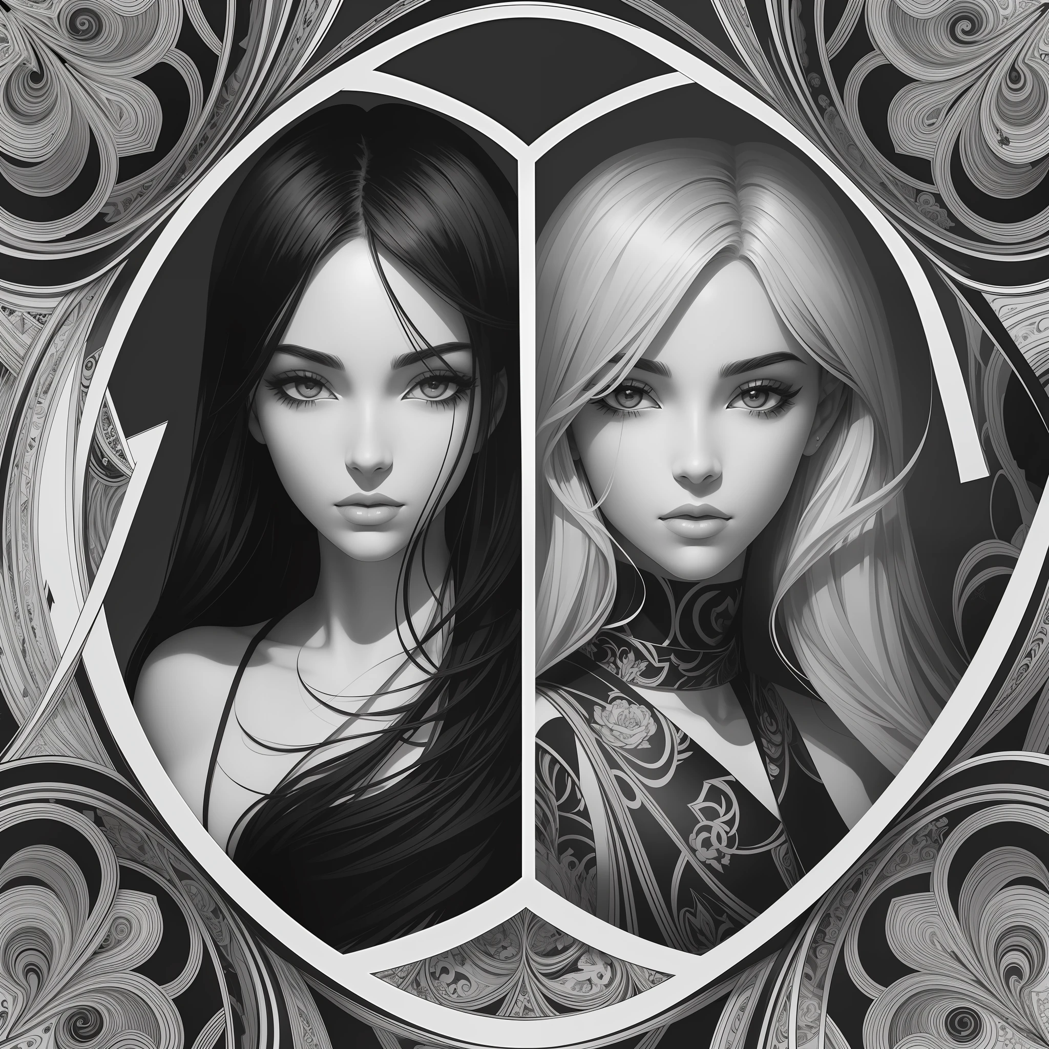 a black and white photo of two women with a broken mirror, official artwork, official poster artwork, stunning digital illustration, modern edgy graphic design, in style of digital illustration, official illustration, symmetrical digital illustration, by Dom Qwek, black and white vector art, gorgeous digital art, art cover, beautiful digital artwork, digital artwork 4 k, black and white artwork