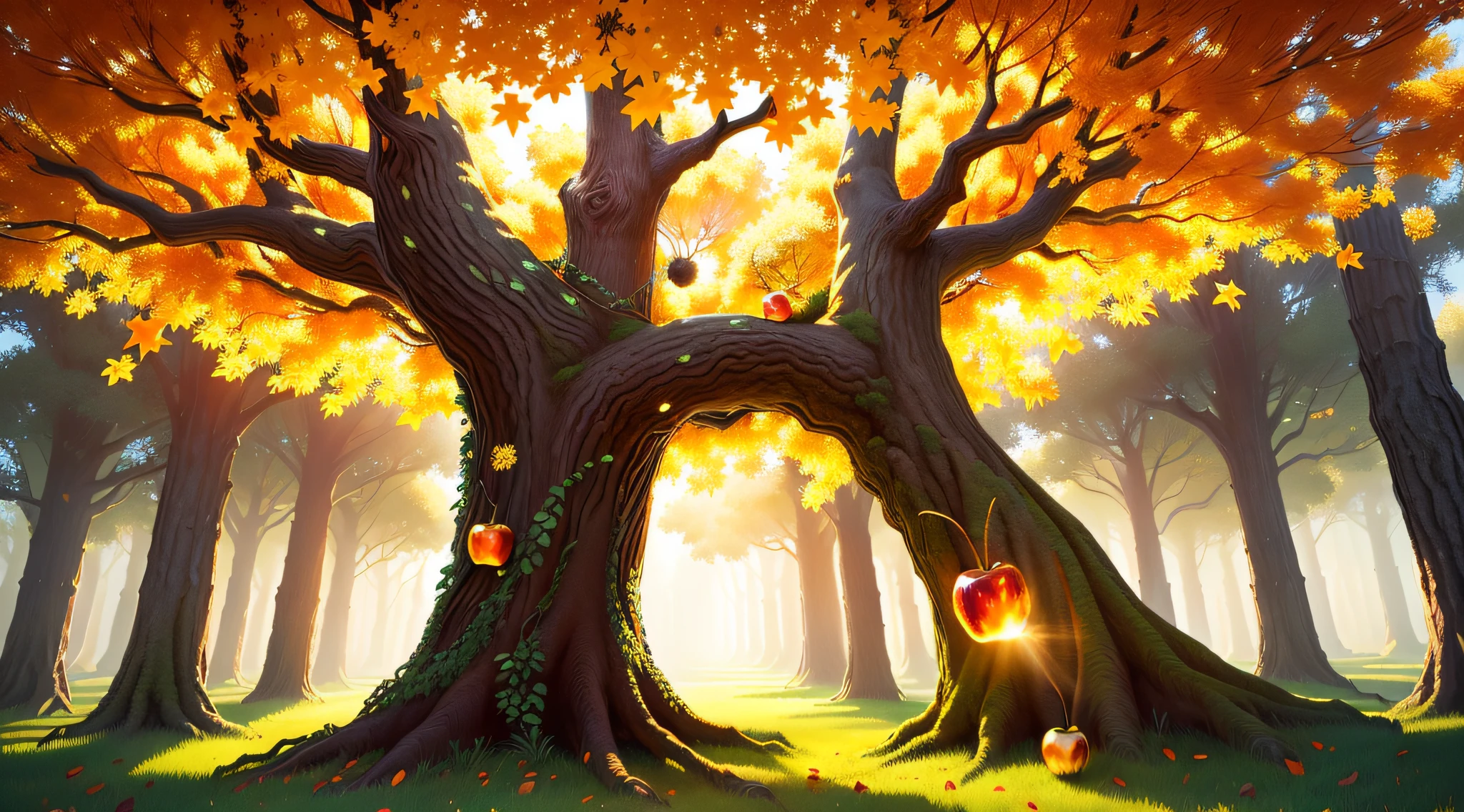 Magical wonder tree that glows in a golden shine. Afternoon. Golden apples are between the leafs. Golden particle in the air. 16k. High resolution