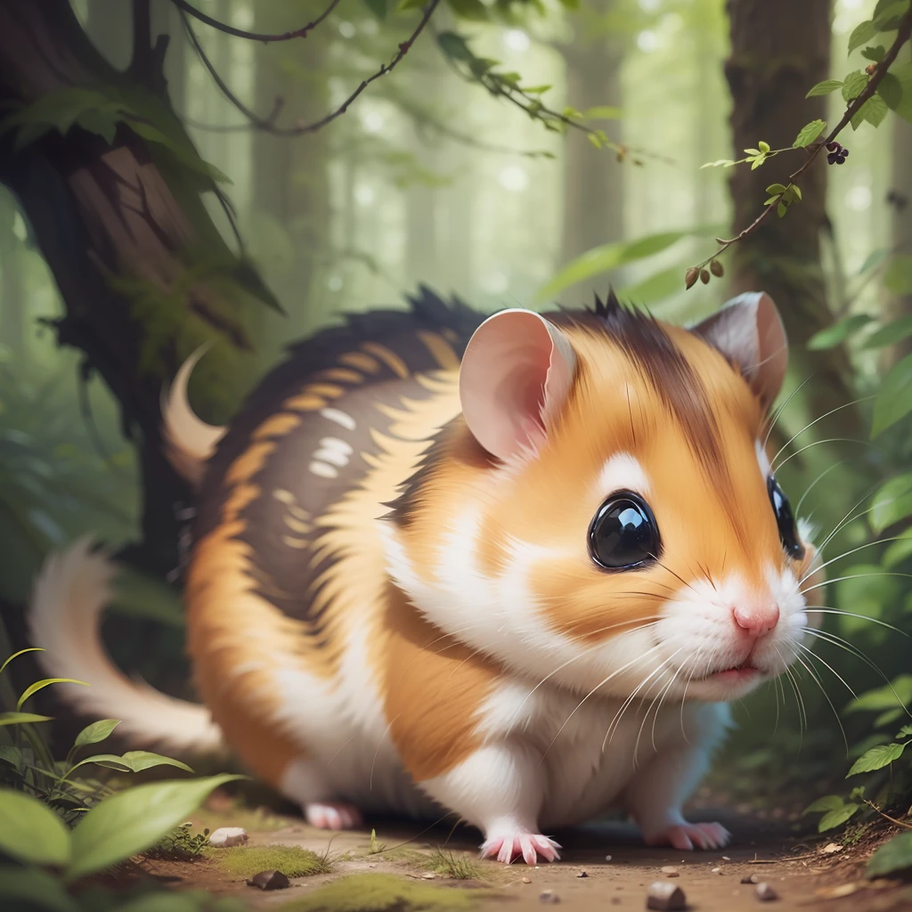 Cute hamster lost in forest, too cute, awesome, hypermaximalist, realistic, cute realism, --auto --s2