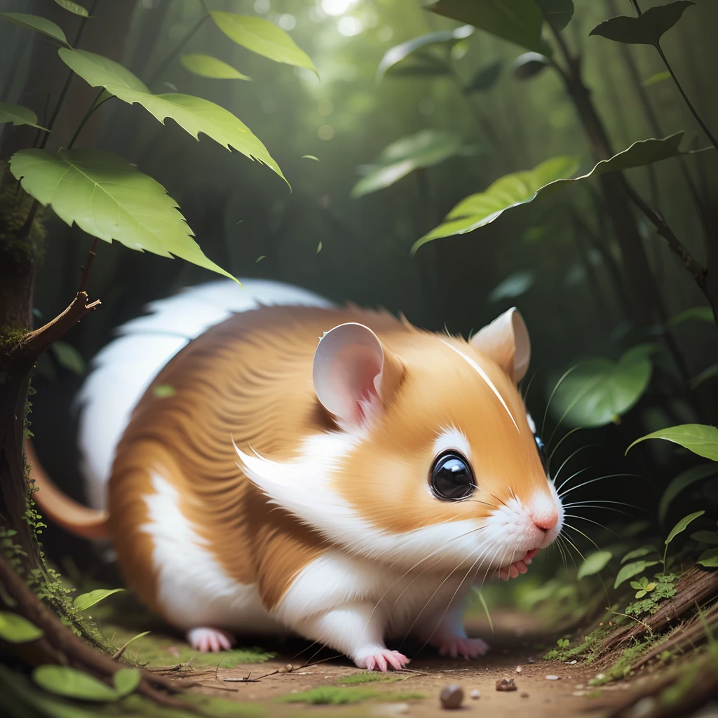 Cute hamster lost in forest, too cute, awesome, hypermaximalist, realistic, cute realism, --auto --s2
