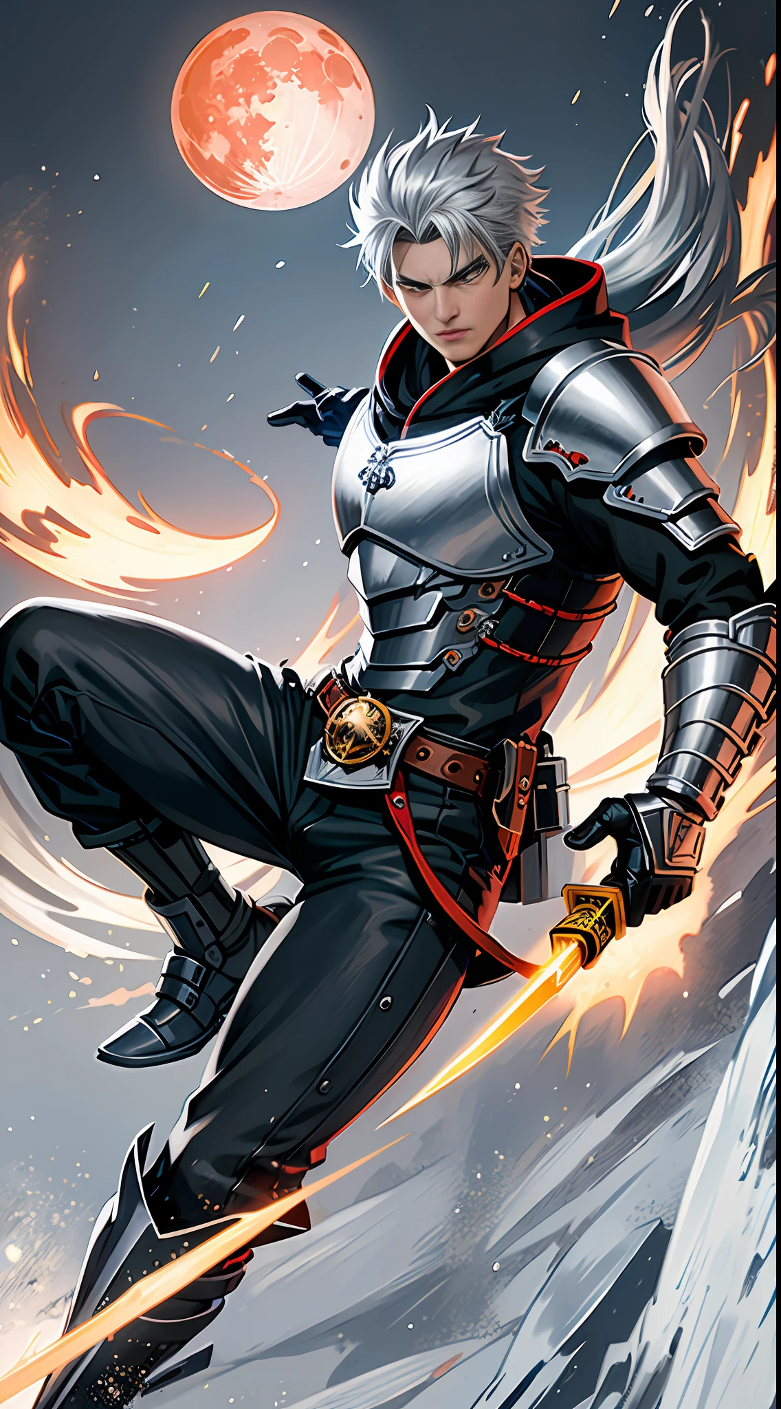 A rebellious man of 26 with shivering gray hair and silver eyes, his armor and silver with gold accents symbolizing electricity and ferocity, he carries an electric katana (setting a village with a blood moon in the background)