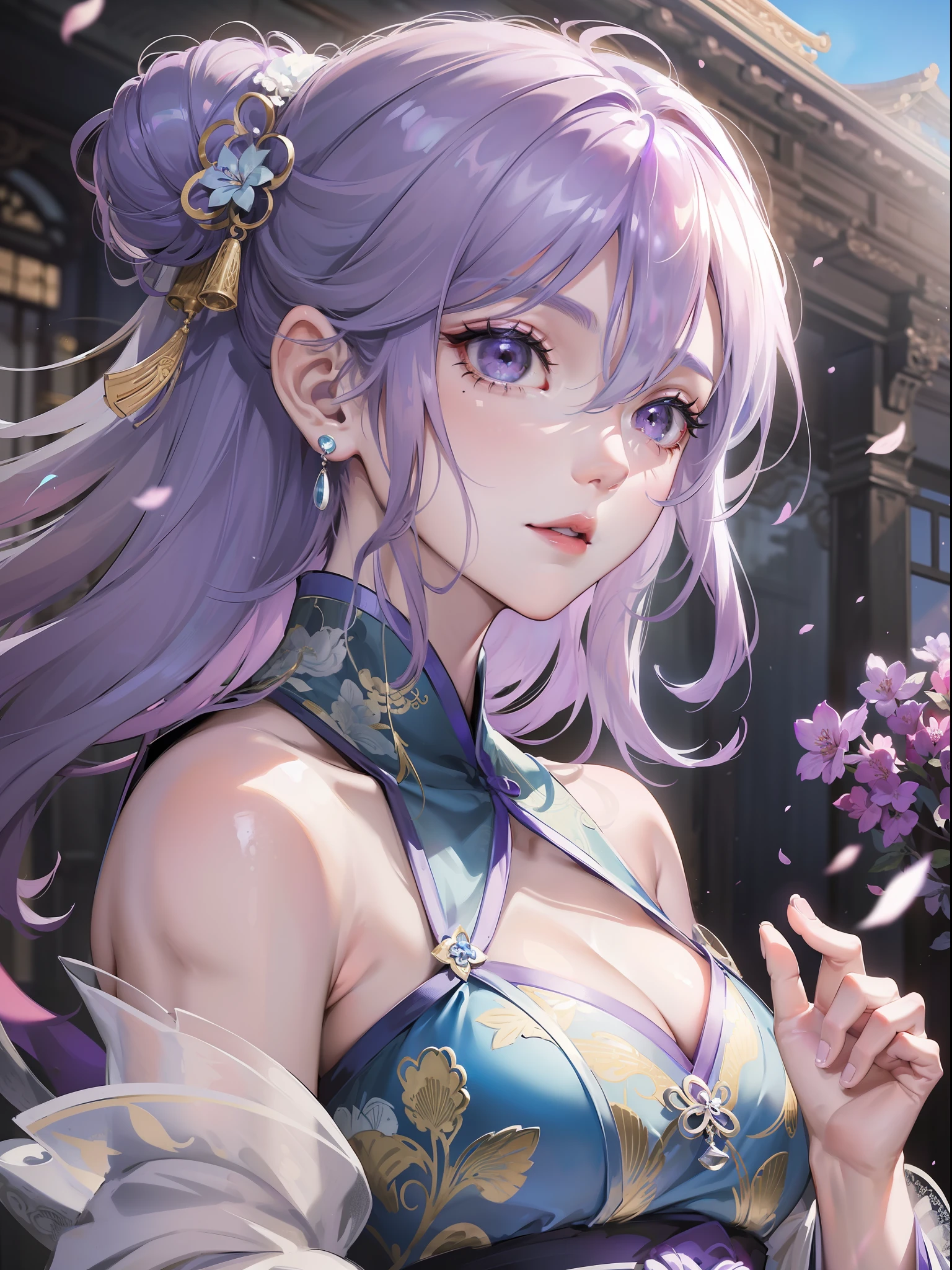 Mature girl, purple eyes, blue-white hair color, floating hair, delicate and flexible eyes, intricate damask hanfu, gorgeous accessories, wearing pearl earrings, fov, f/1.8, masterpiece, ancient Chinese architecture, blue sky, flower petals flying, front portrait shot, Chang'e, side lighting, sunlight on people, 8K