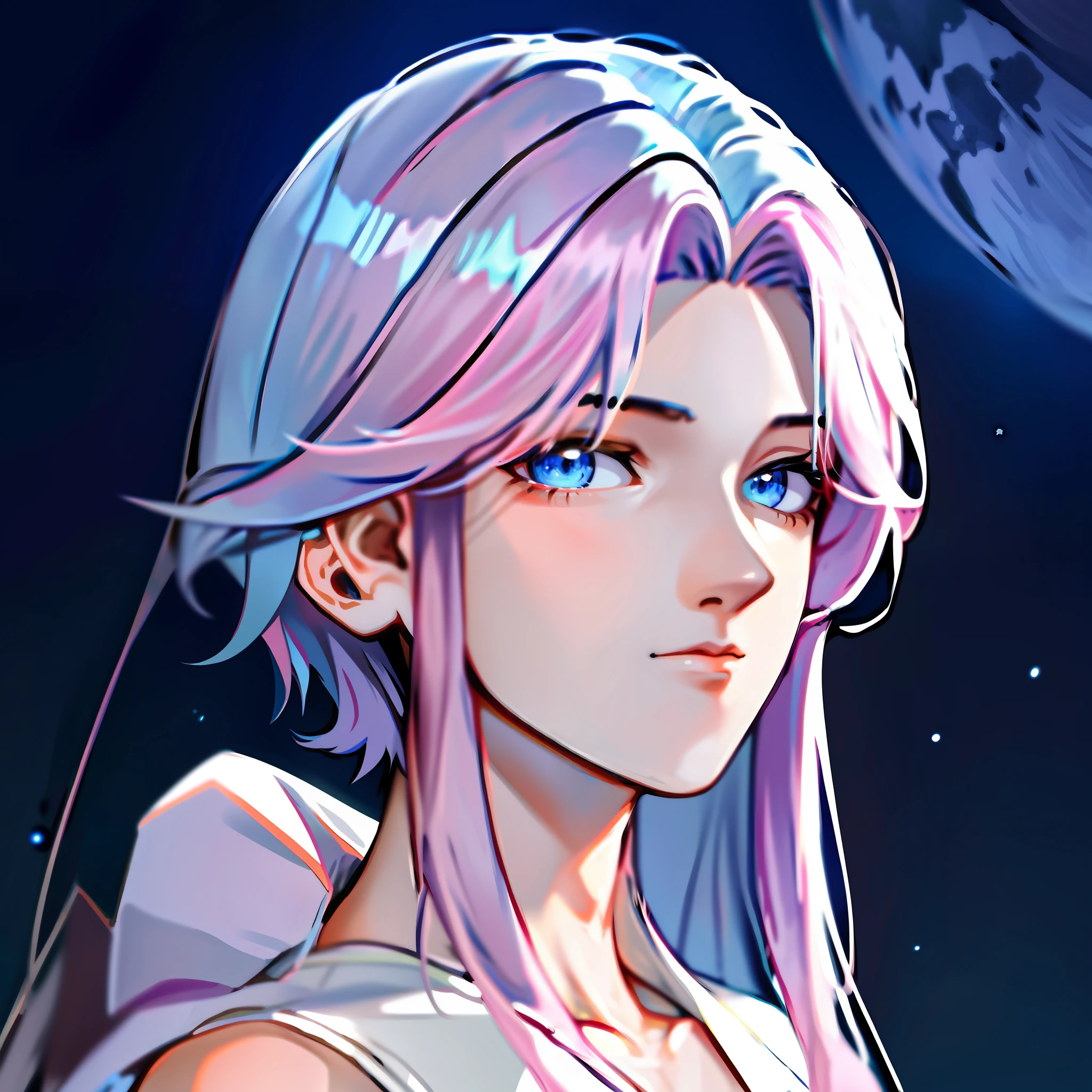 Anime boy with short hair and blue eyes looking at the moon,