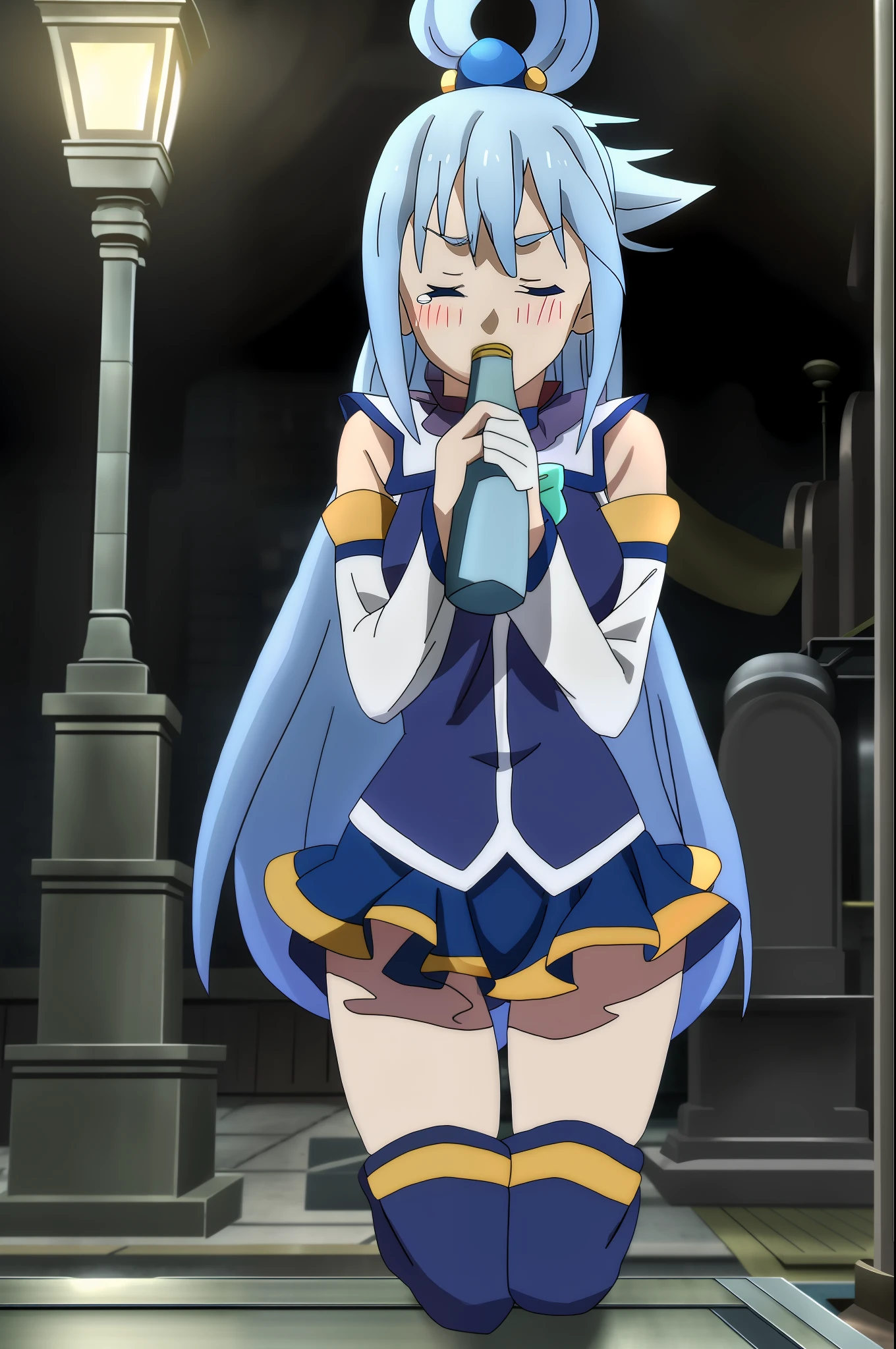 Adventurer's guild; Aqua, blushing, crying, holding bottle, on her knees, eyes closed