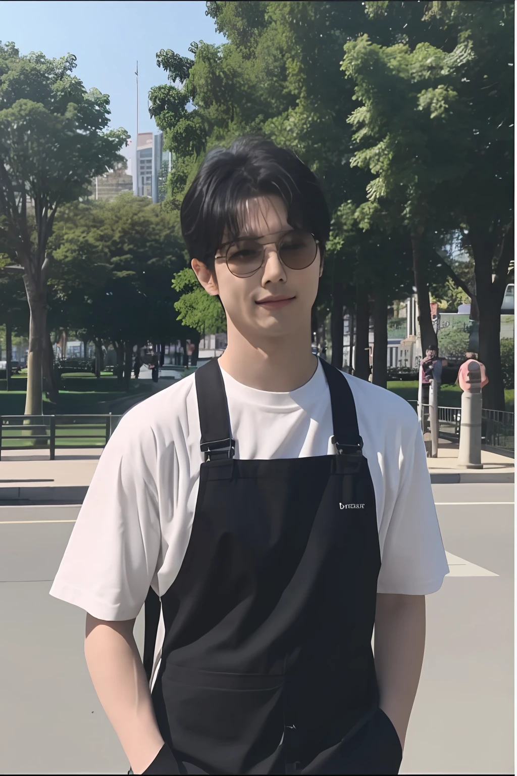A man holding a child, park, paparazzi footage, sunny weather, video screenshot, low quality, frame